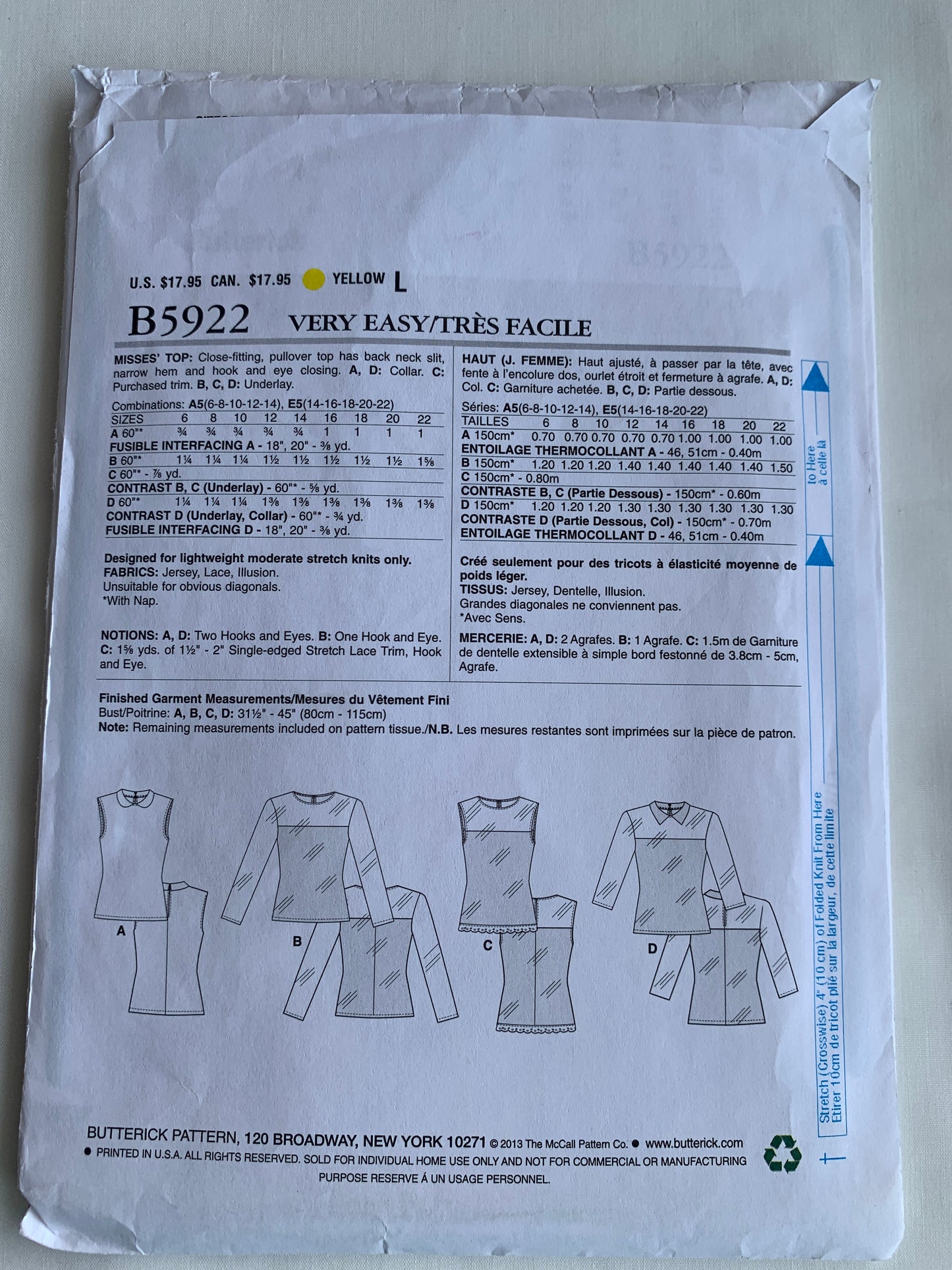 Butterick Sewing Pattern B5922 Misses' Tops, Sleeveless, Long Sleeves, Collar, 4 Variations. Pullover, Size 14-16, Cut, 2013