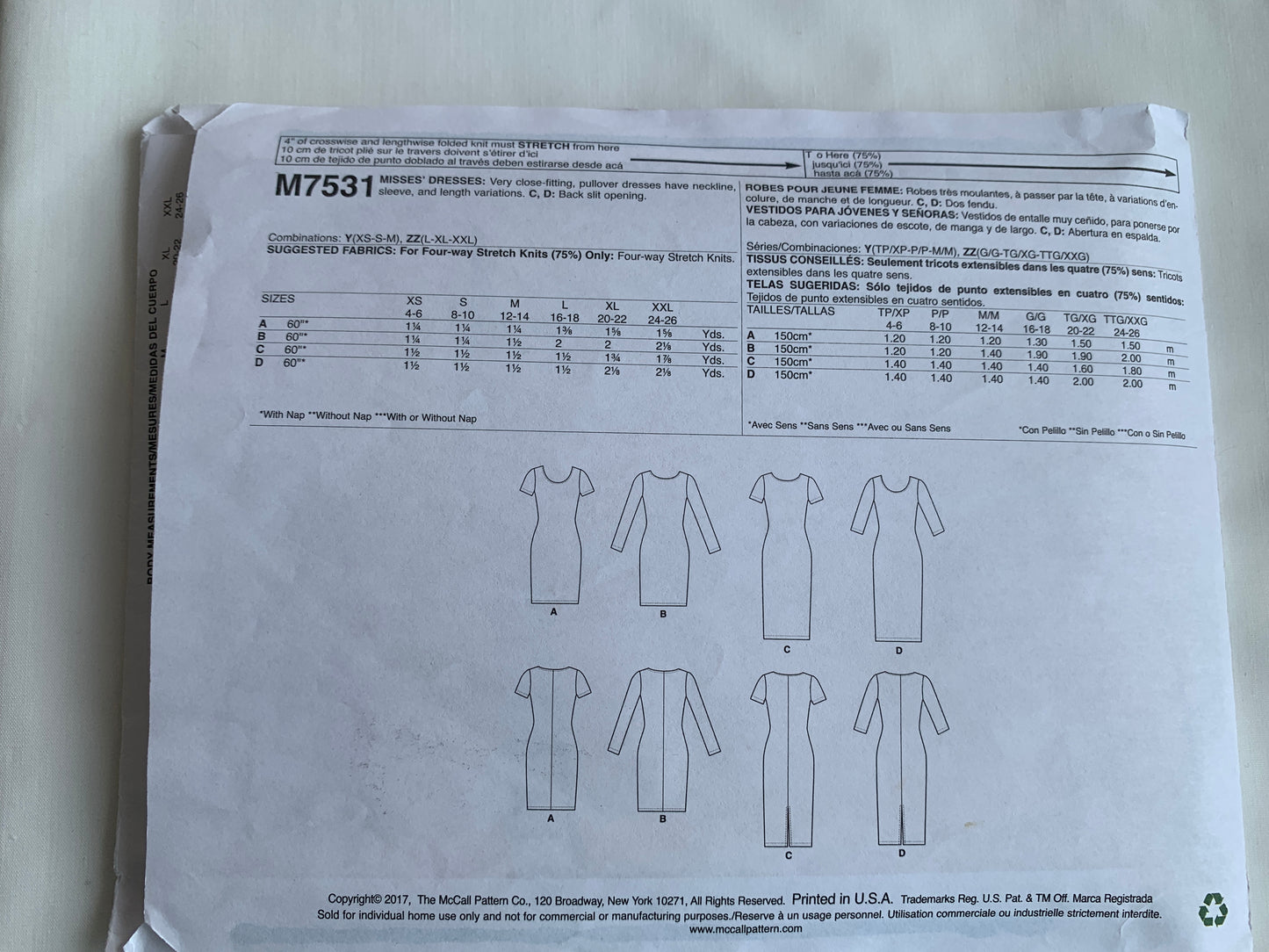 McCall's Sewing Pattern M7531 Misses' Dresses, Long/Short Sleeves, Close-Fitting, Pullover, Slit, Size 4-14, Cut, 2017