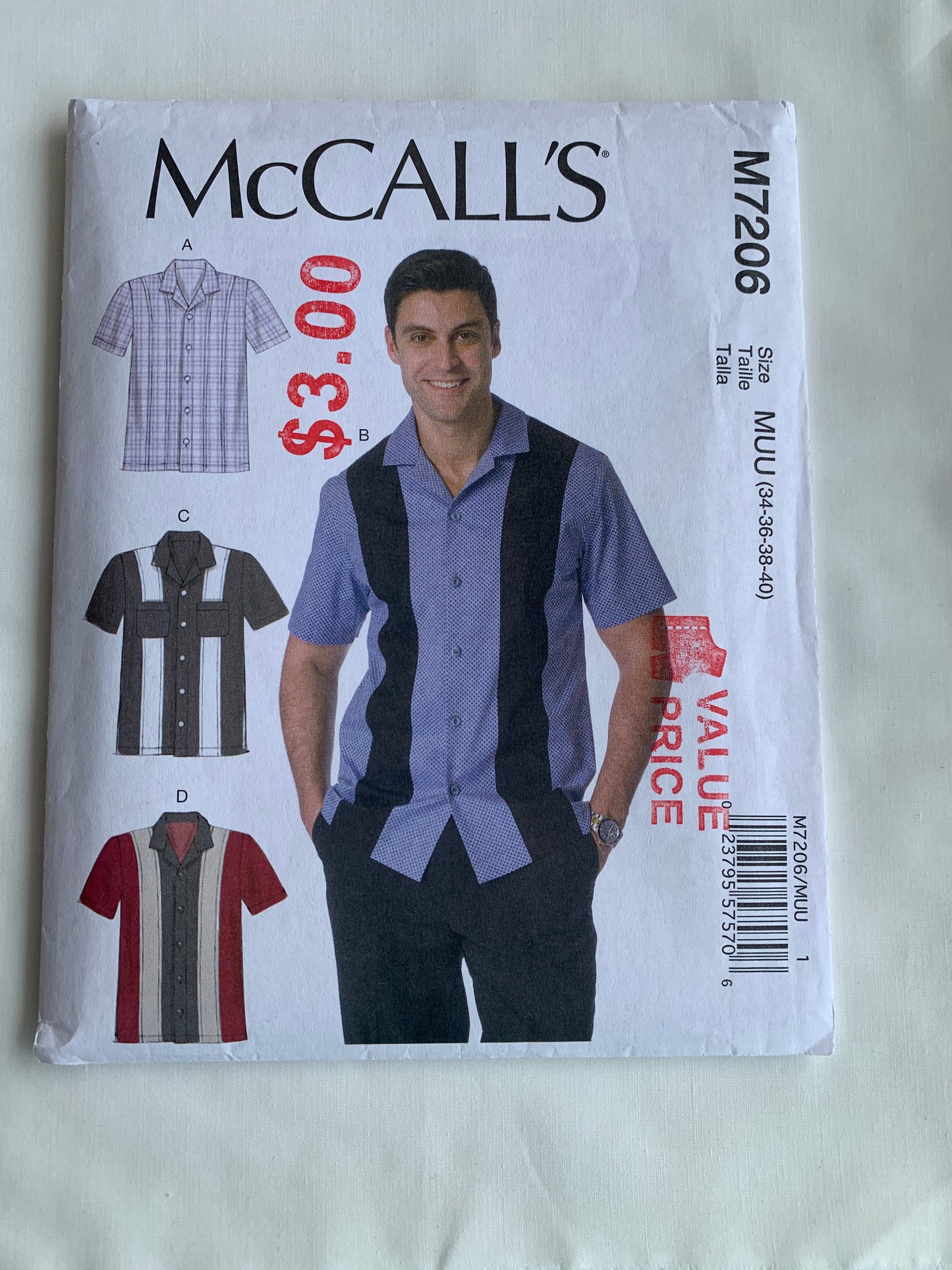 McCall's Sewing Pattern M7206 Men's Shirts, Short Sleeves, Button Front, Collar, Pocket, Size 34-38, Cut, 2015