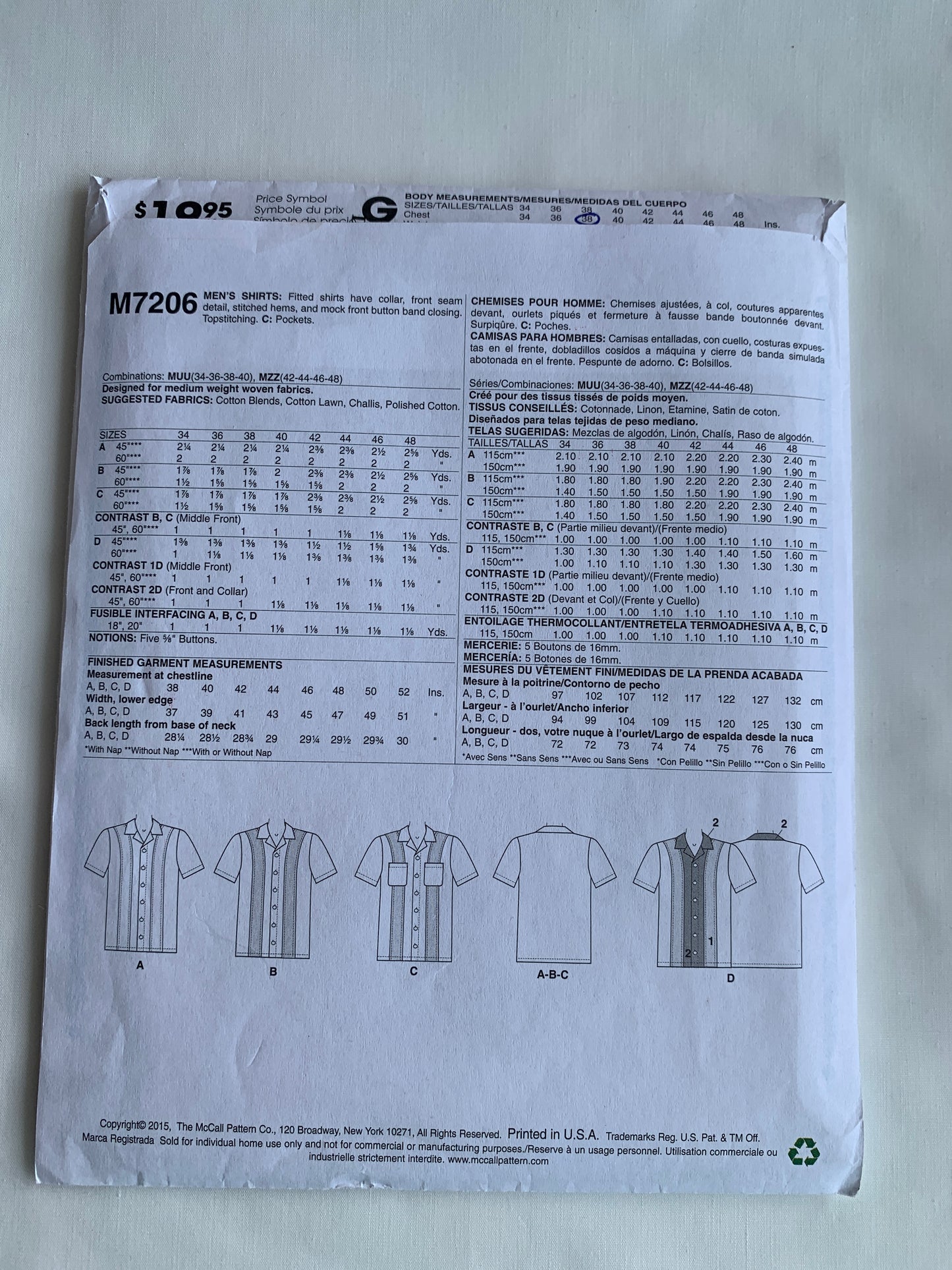 McCall's Sewing Pattern M7206 Men's Shirts, Short Sleeves, Button Front, Collar, Pocket, Size 34-38, Cut, 2015