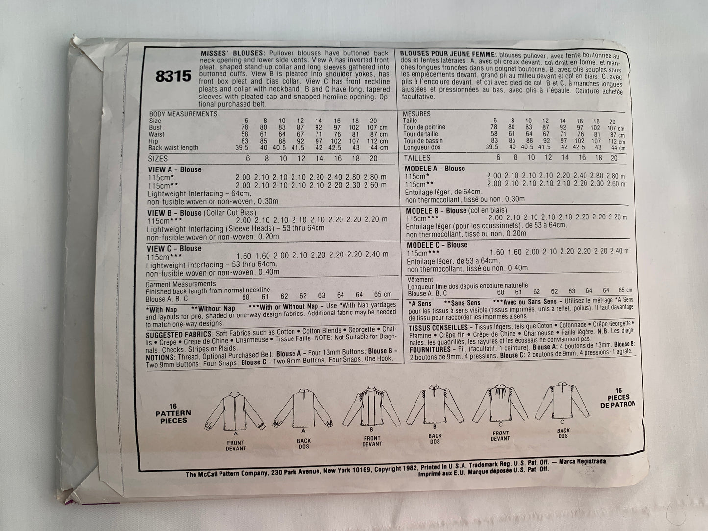 McCall's Sewing Pattern 8315 Misses' Blouse, Long Sleeves, Pullover, Button Back, Size 6, Cut, Vintage 1982