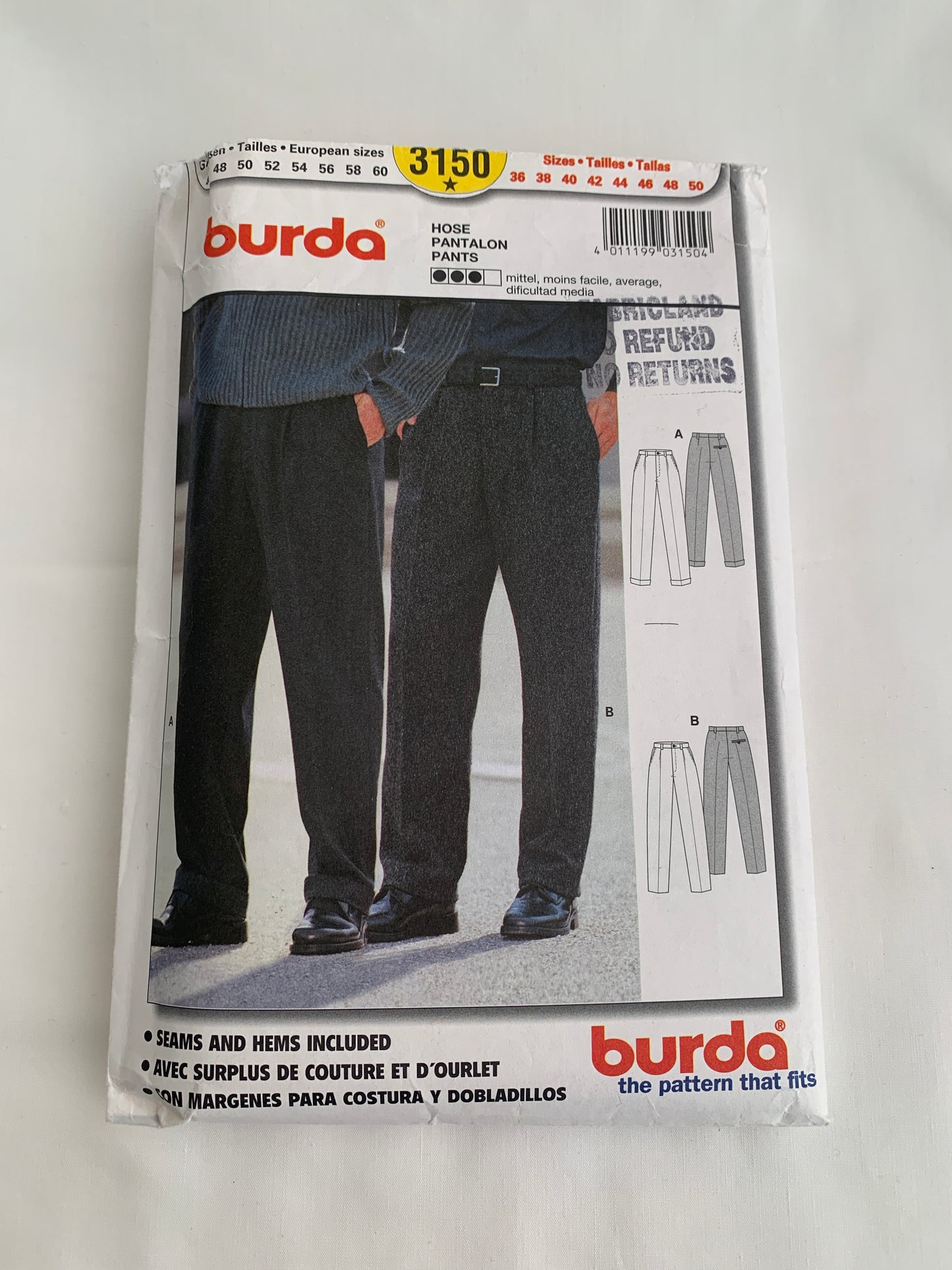Burda Sewing Pattern 3150 Mens' Pants, Zipper Front, Pockets, Semi-Fitted, Size 36-50, Uncut, Vintage 1990