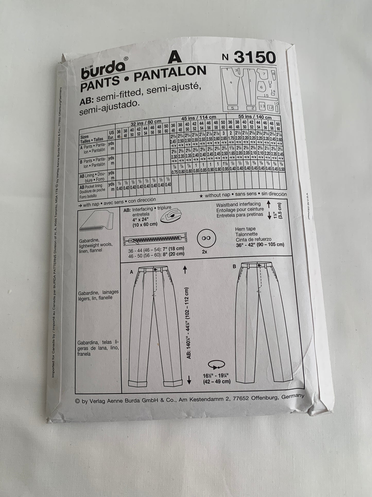 Burda Sewing Pattern 3150 Mens' Pants, Zipper Front, Pockets, Semi-Fitted, Size 36-50, Uncut, Vintage 1990