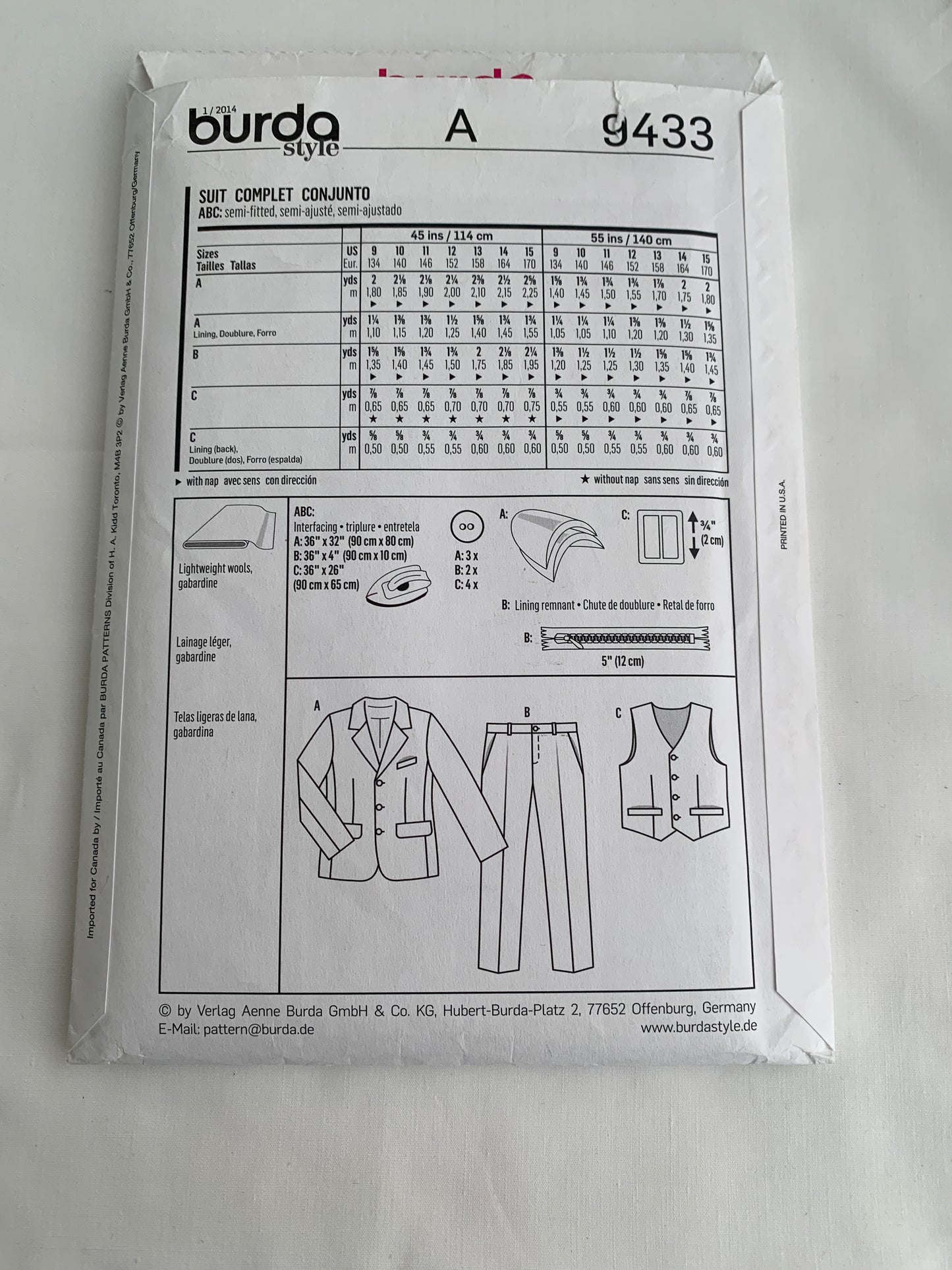 Burda Sewing Pattern 9433 Boy's Suit, Jacket, Pants, Vest, Semi-Fitted, Button Front, Pockets, Zipper Fly, Size 9-15, Uncut, 2000