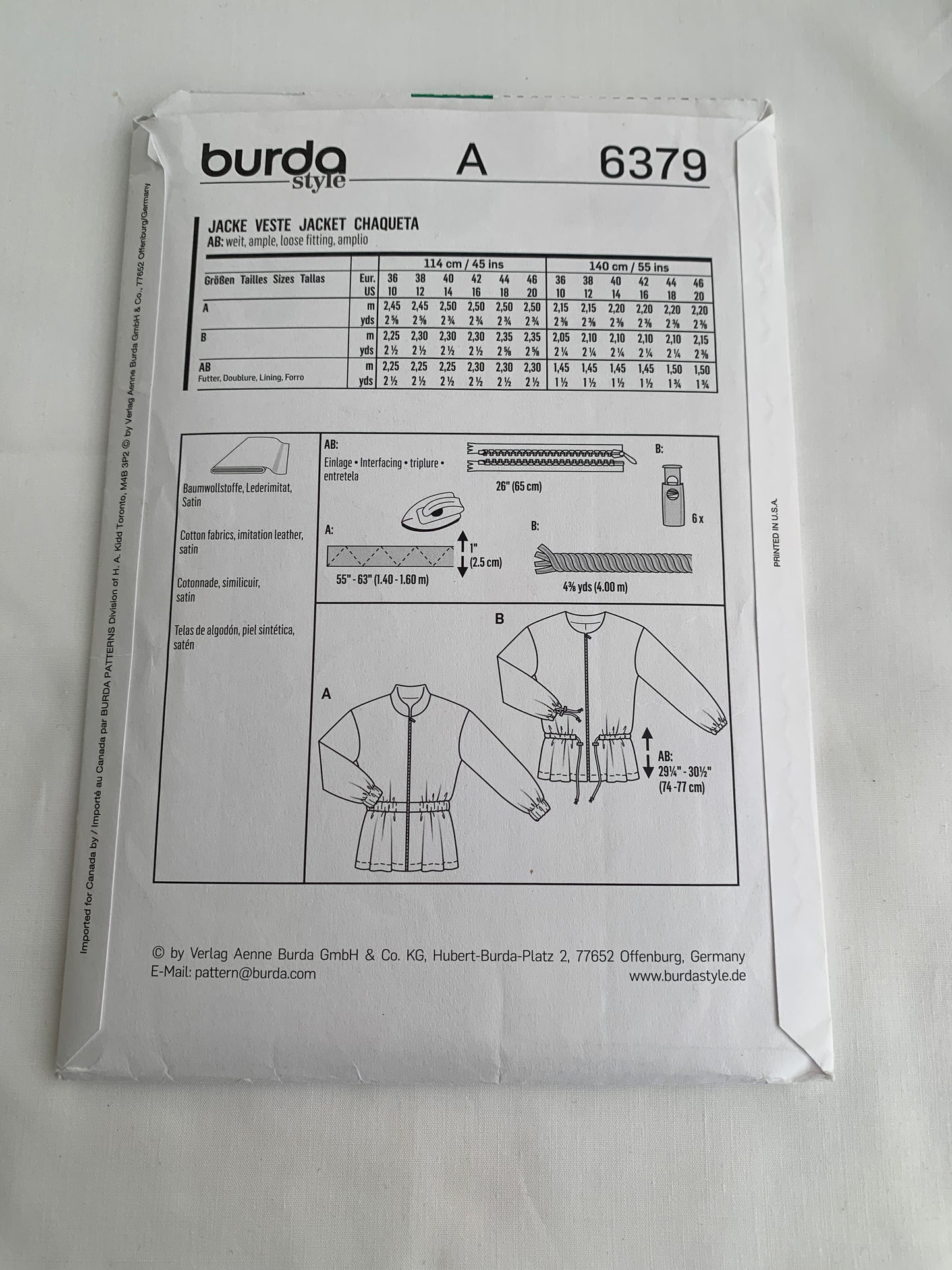 Burda Sewing Pattern 6379 Misses' Jacket, Zipper Front, Loose-Fitting, Long Sleeves, Drawstring Waist, Size 36-46, Uncut, 2012