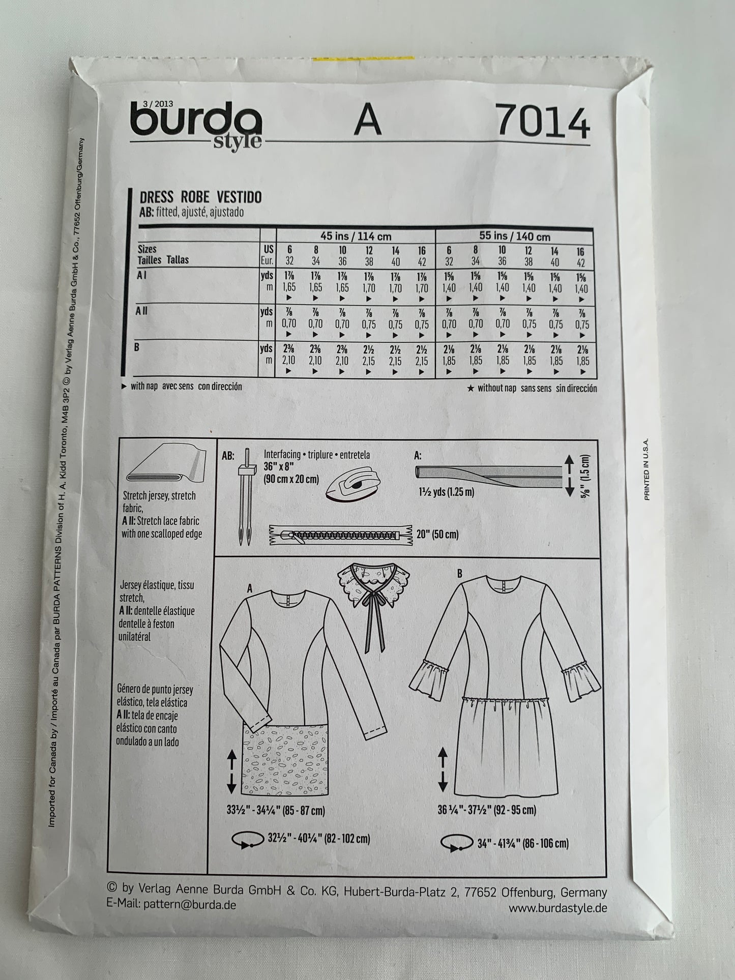 Burda Sewing Pattern 7014 Misses' Dress, Long Sleeves, Fitted, Zipper Back, 2 Variations, Size 6-16, Uncut, 2000