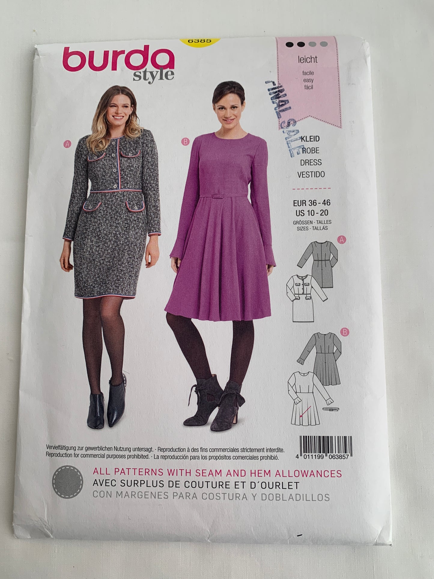 Burda Sewing Pattern 6385 Misses' Dress, Long Sleeves, Two Lengths, 2 Variations, Fitted, Size 10-20, Uncut, 2000