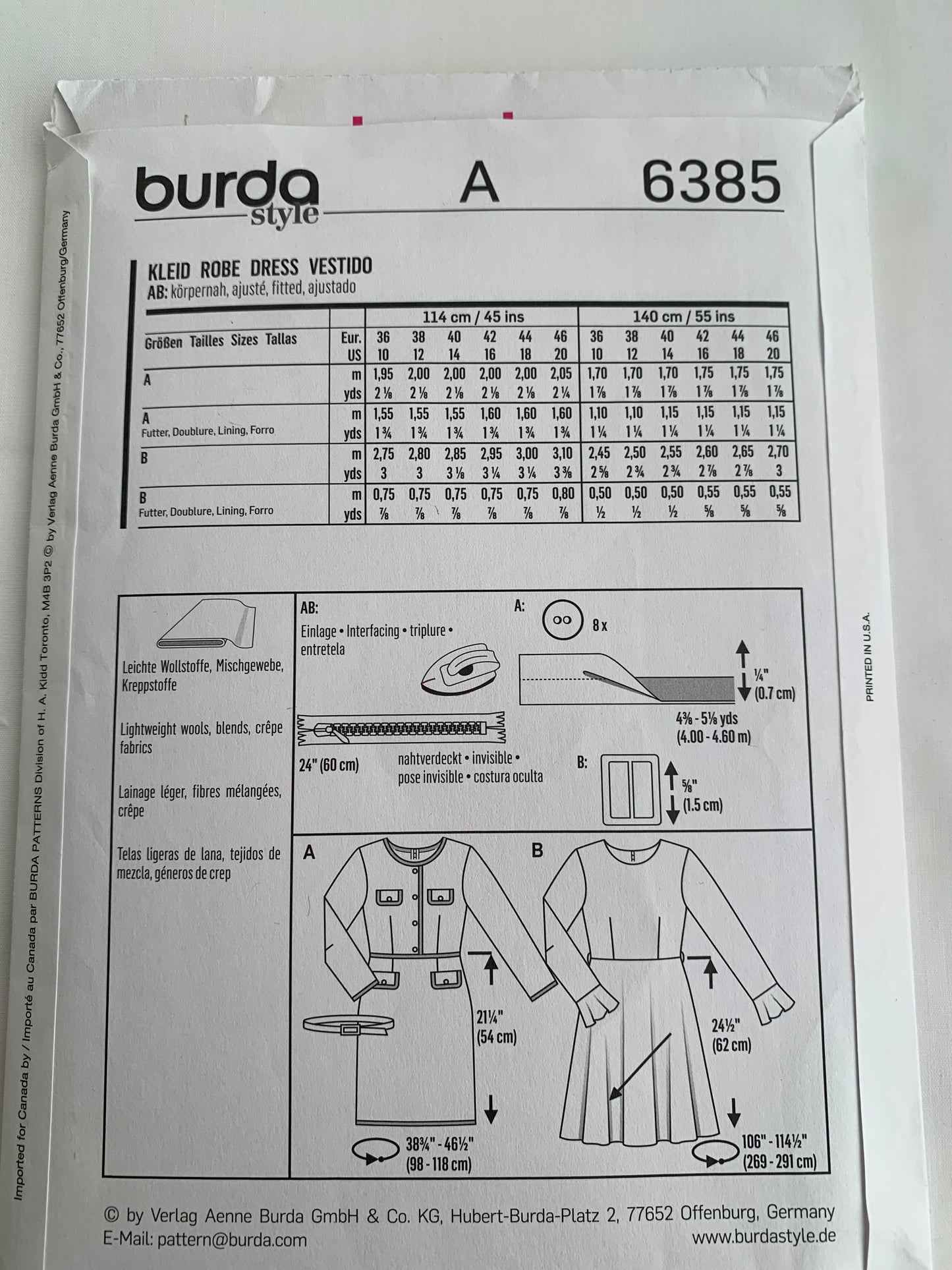 Burda Sewing Pattern 6385 Misses' Dress, Long Sleeves, Two Lengths, 2 Variations, Fitted, Size 10-20, Uncut, 2000