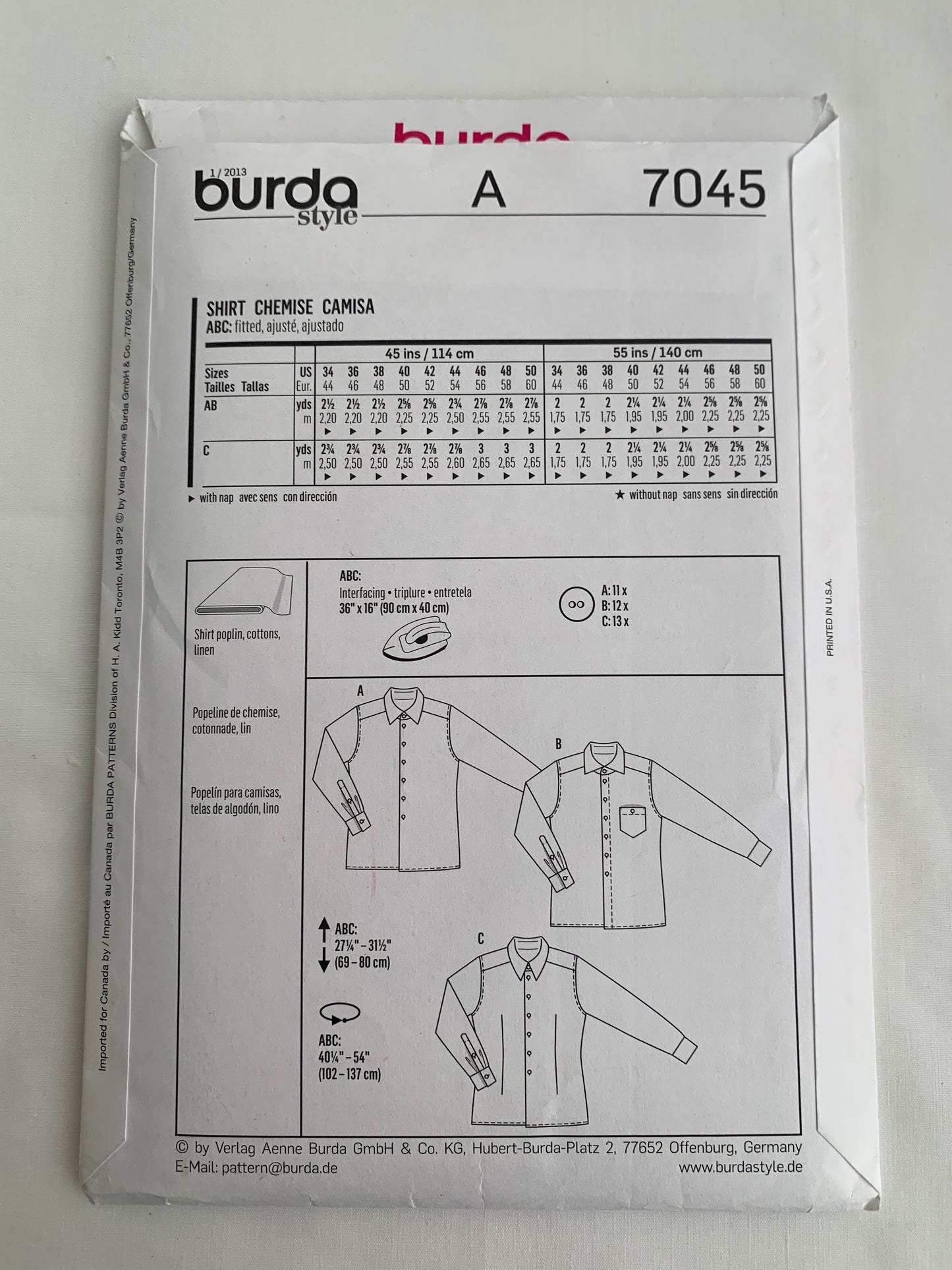 Burda Sewing Pattern 7045 Men's Shirt, Fitted, Long Sleeves, Pockets, Button Front, Collar, Cuffs Size 34-50, Uncut, 2000