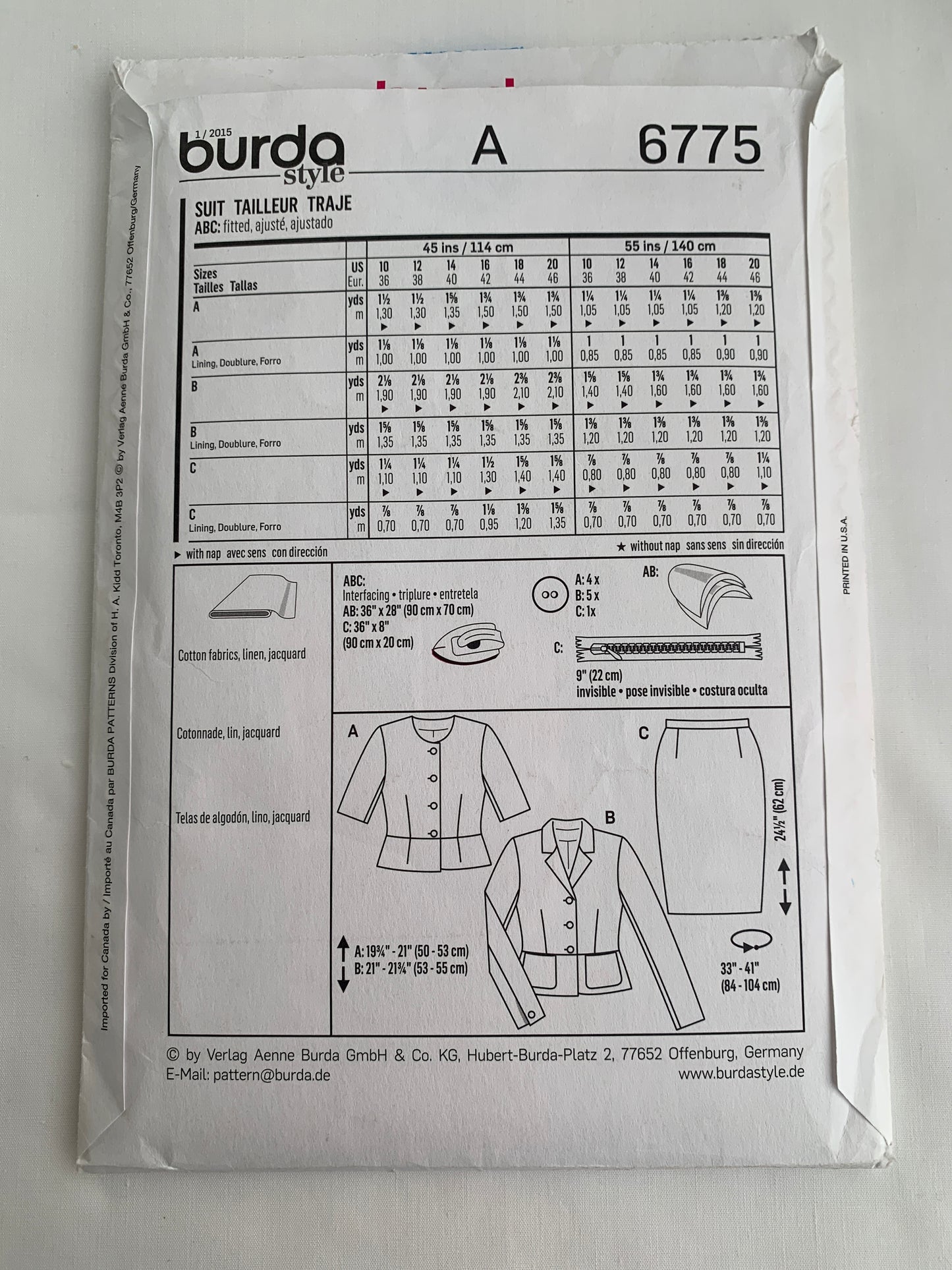 Burda Sewing Pattern 6775 Misses' Suit, Top, Skirt, Fitted, Long Sleeves, Button Front, Zipper Back, Shoulder Pads, Size 10-20, Uncut, 2000
