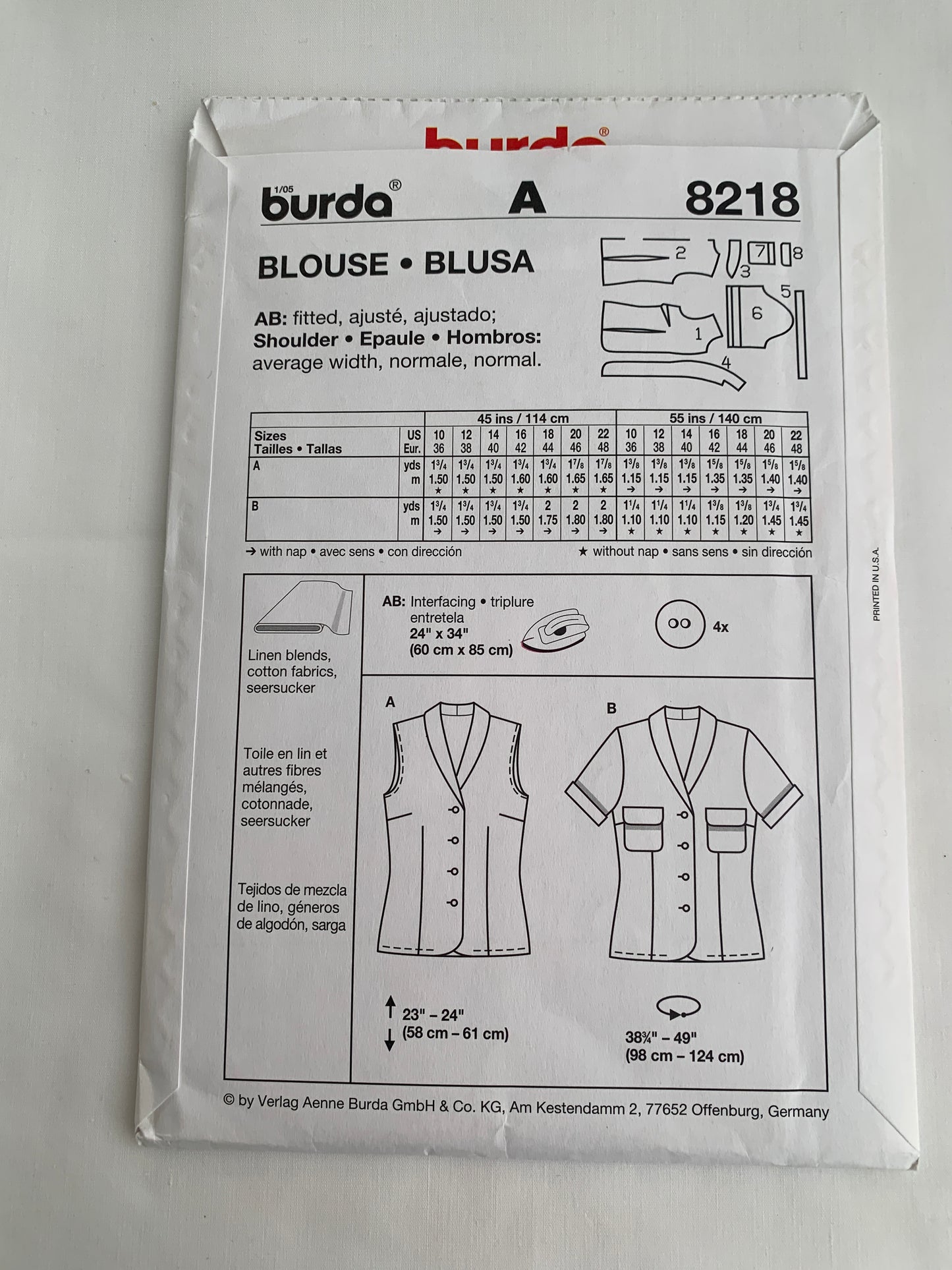 Burda Sewing Pattern 8218 Misses' Blouse, Short Sleeves, Sleeveless, Button Front, Pockets, Fitted, Collar, Size 10-22, Uncut, 2000