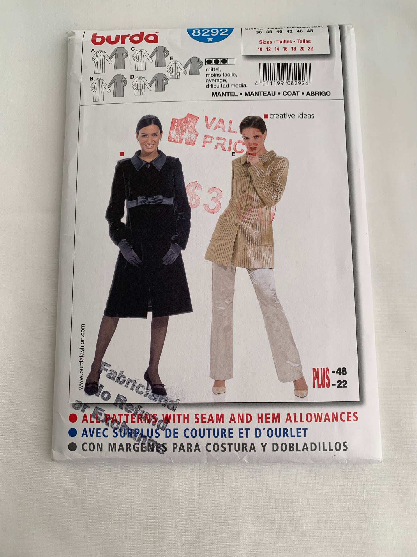 Burda Sewing Pattern 8292 Misses' Coat, Fitted, Button Front, Two Lengths, 5 Variations, Collar, Shoulder Pads, Size 10-22, Uncut, 2000
