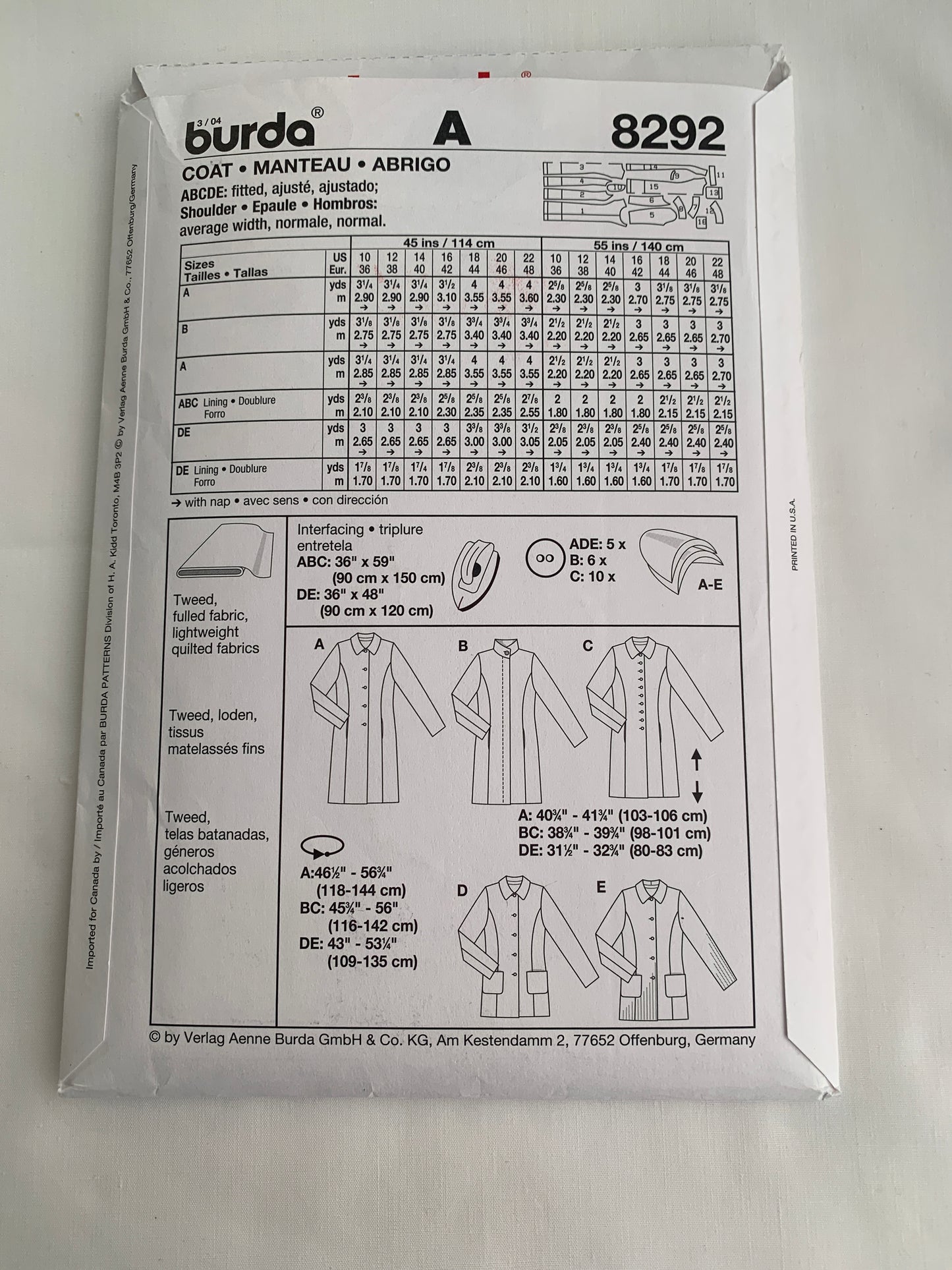 Burda Sewing Pattern 8292 Misses' Coat, Fitted, Button Front, Two Lengths, 5 Variations, Collar, Shoulder Pads, Size 10-22, Uncut, 2000