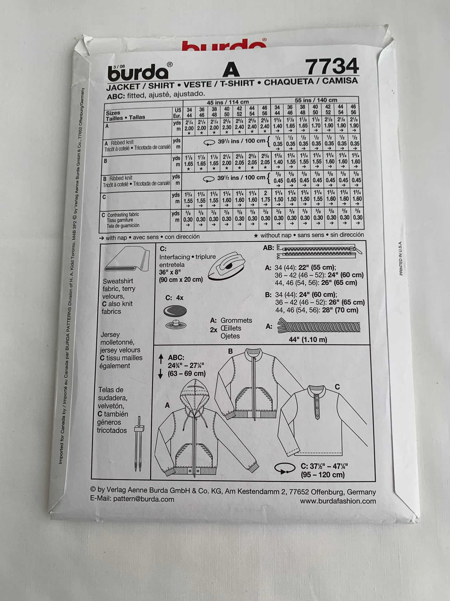 Burda Sewing Pattern 7734 Mens' Jacket, Hoodie, Fitted, Hood, Zipper Front, 3 Variations, Long Sleeves, Pockets, Pullover, Size 34-46, Uncut, Vintage 1990
