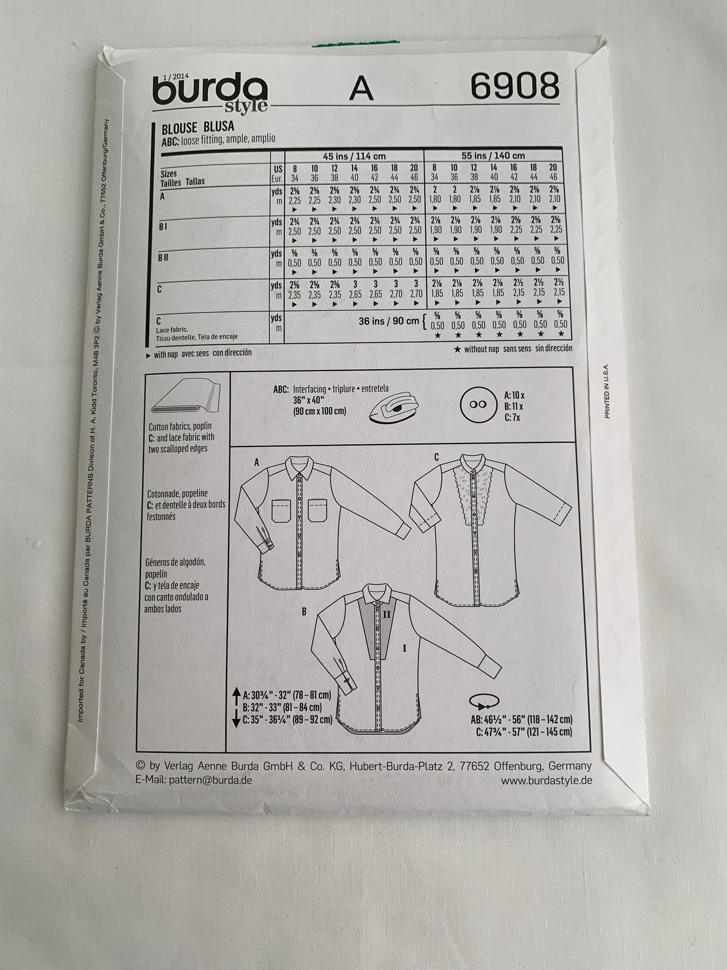 Burda Sewing Pattern 6908 Misses' Blouse, Button Front, Collar, 3 Variations, Loose-Fitting, Pockets, Long Sleeves, Size 8-20, Uncut, 2000