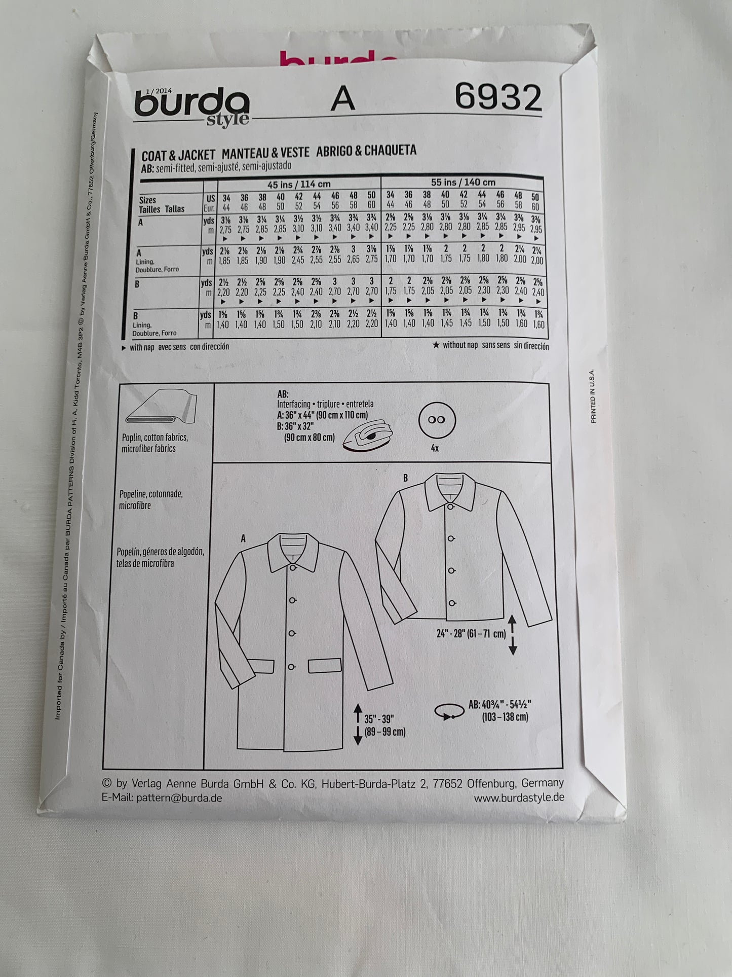 Burda Sewing Pattern 6932 Mens' Jacket, Semi-Fitted, Button Front, 20Variations, Long Sleeves, Pockets, Two Lengths, Size 34-50, Uncut, 2000