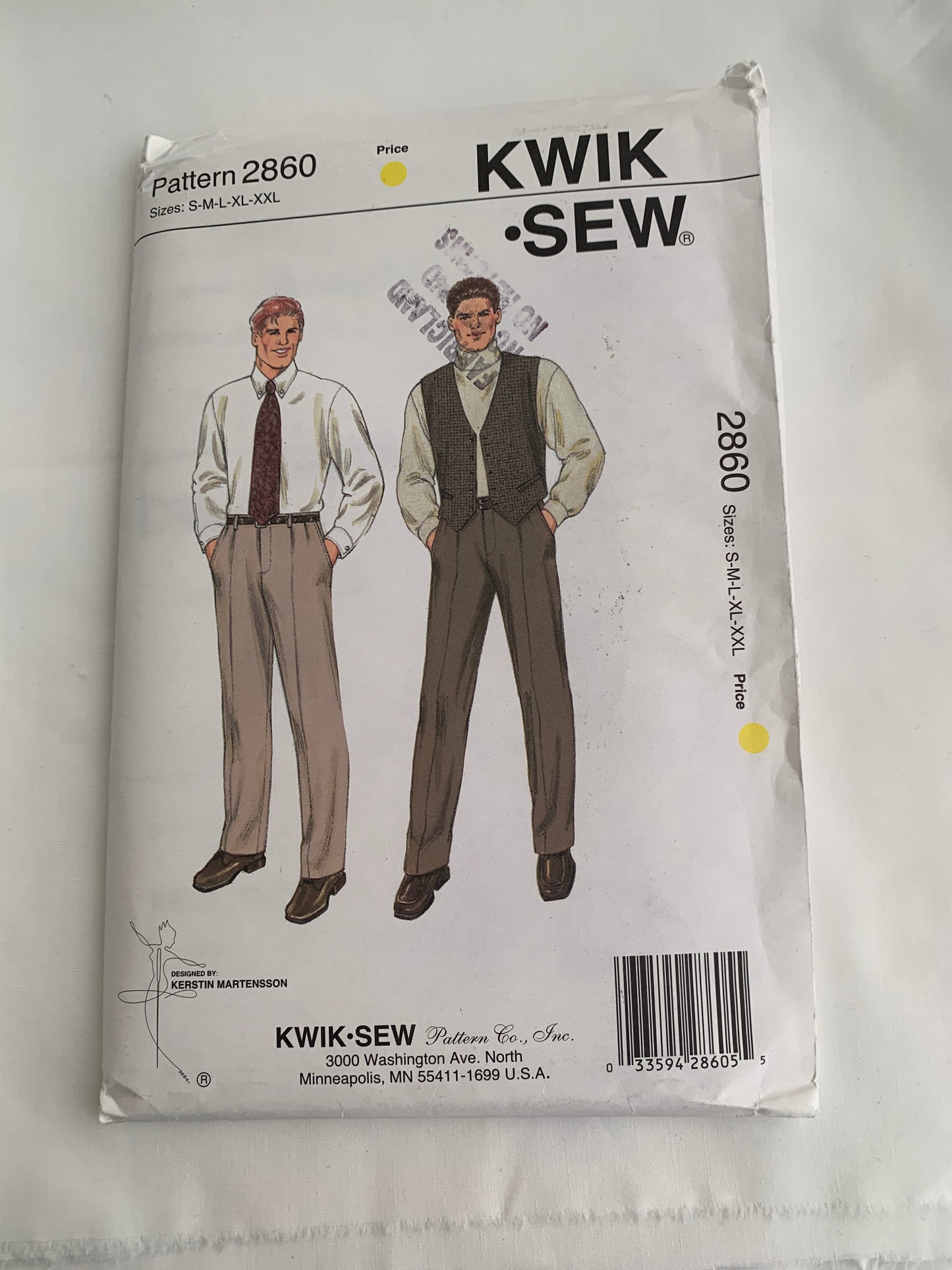 KWIK Sewing Pattern 2860 Men's Pants, Lined Vest, Button Front, Pockets, Fly Zipper, Size 34-52, Uncut, Vintage 1999