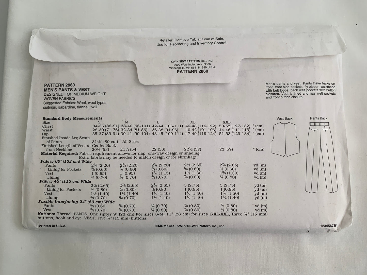 KWIK Sewing Pattern 2860 Men's Pants, Lined Vest, Button Front, Pockets, Fly Zipper, Size 34-52, Uncut, Vintage 1999