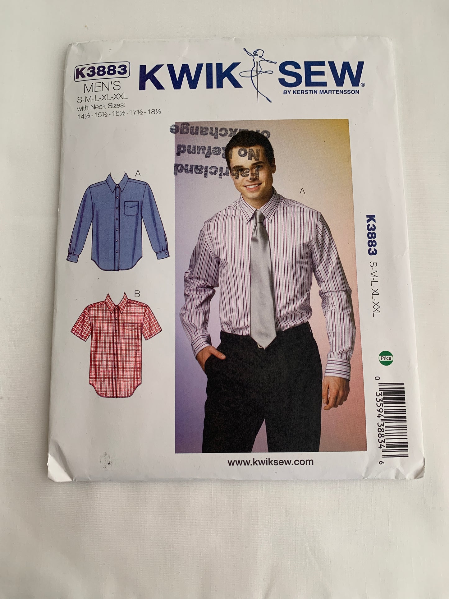 Kwik Kerstin Martennsson Sewing Pattern K3883 Men's Shirts, Long/Short Sleeves, Pockets, Collar, Button Front, 2 Variations, Size 14-18, Uncut, 2014