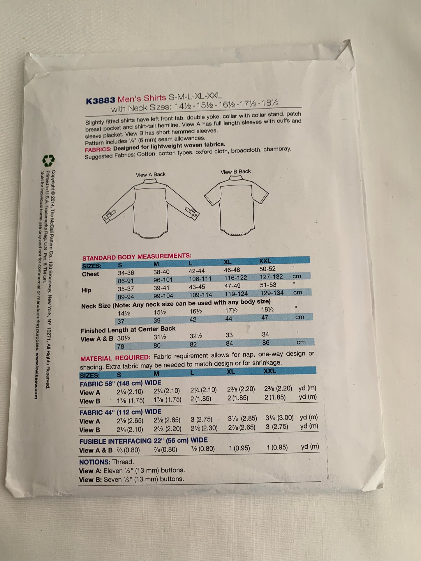 Kwik Kerstin Martennsson Sewing Pattern K3883 Men's Shirts, Long/Short Sleeves, Pockets, Collar, Button Front, 2 Variations, Size 14-18, Uncut, 2014