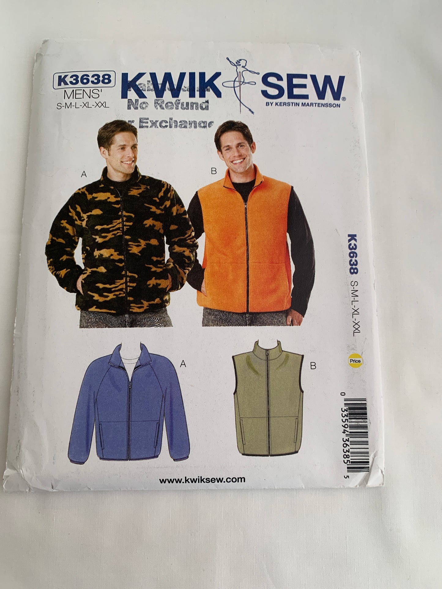 KWIK Sewing Pattern K3638 Men's Jacket, Vest, Long Sleeves, Sleeveless, Collar, Pockets, Zipper Front. Pockets, Size 34-52, Uncut, 2013