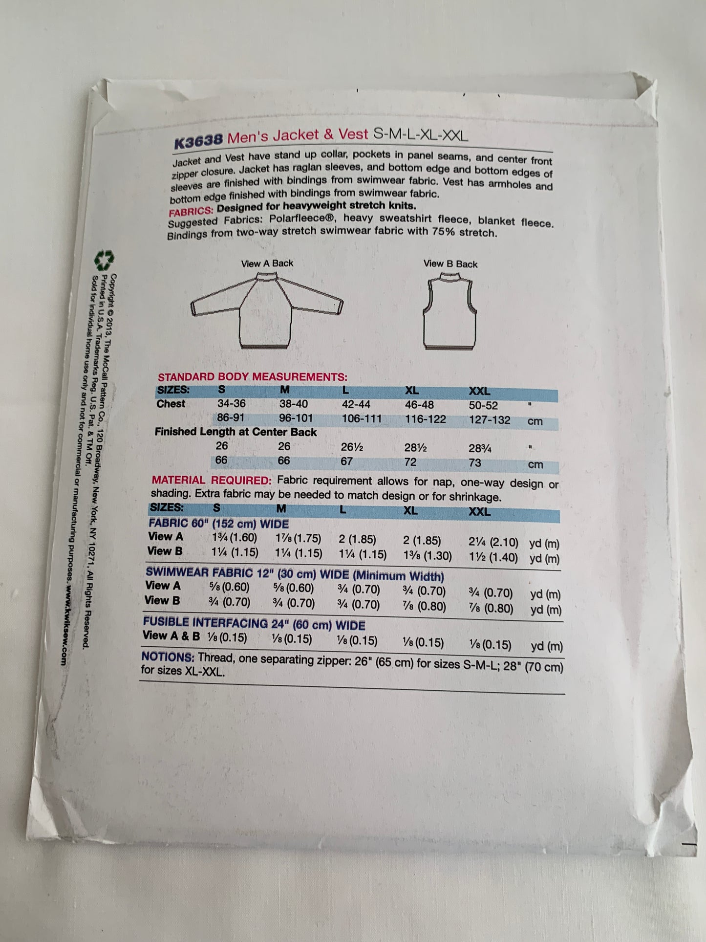 KWIK Sewing Pattern K3638 Men's Jacket, Vest, Long Sleeves, Sleeveless, Collar, Pockets, Zipper Front. Pockets, Size 34-52, Uncut, 2013
