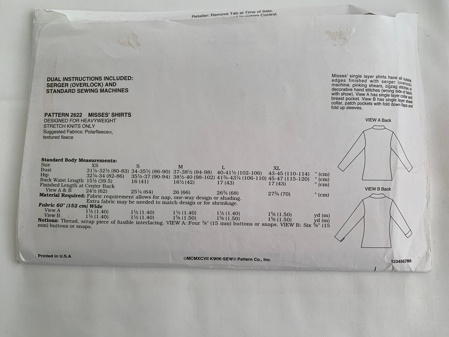 KWIK Sewing Pattern 2622 Misses' Shirts, Button Front, Pockets, Pullover, Long Sleeves, Collar, Size 31-45, Uncut, Vintage 1999