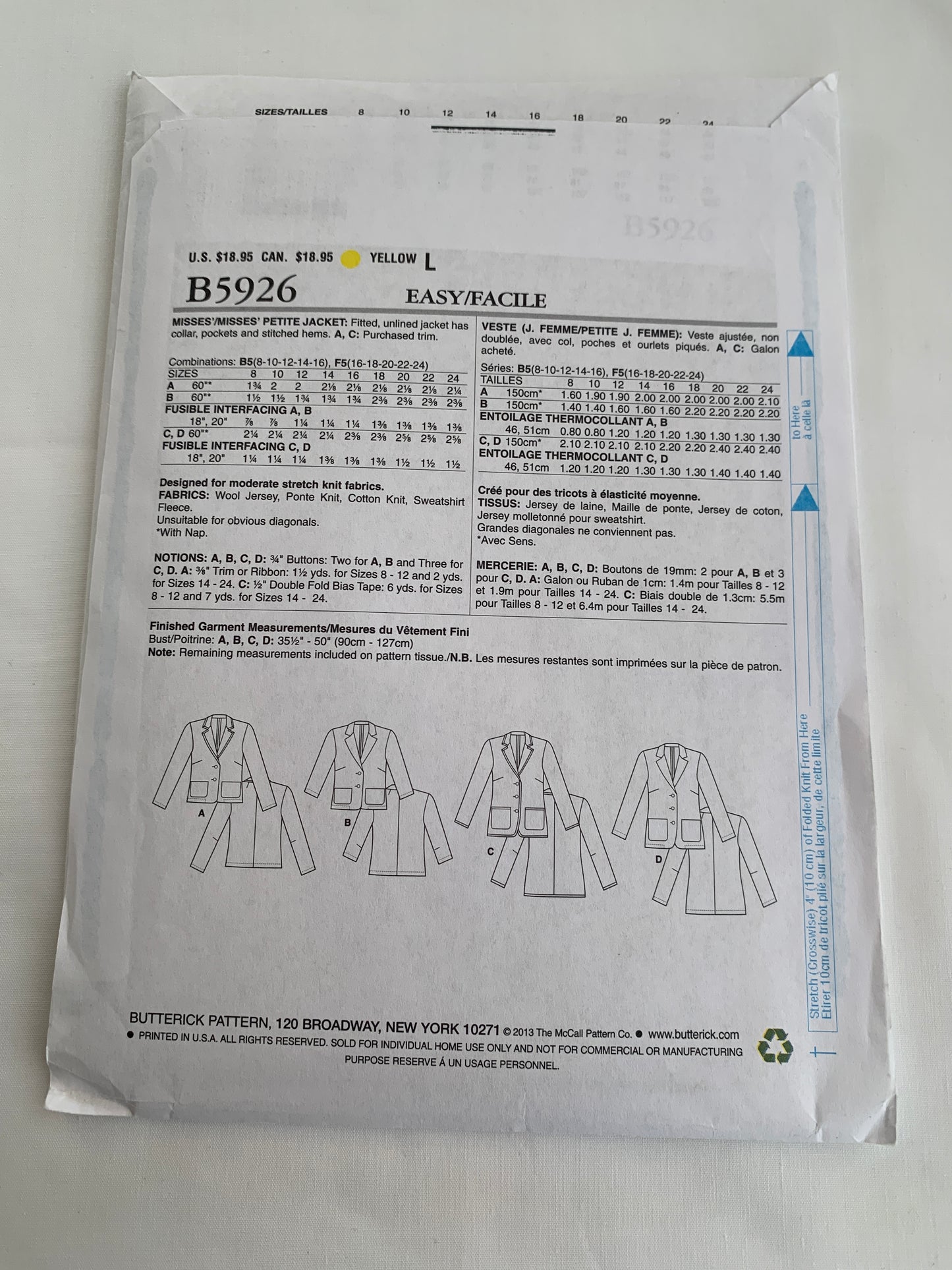 Butterick Sewing Pattern B5926 Misses'/Misses' Petite Jacket, Fitted, Unlined, Collar, Button Front, Poclets, Size 16-24, Uncut, 2013