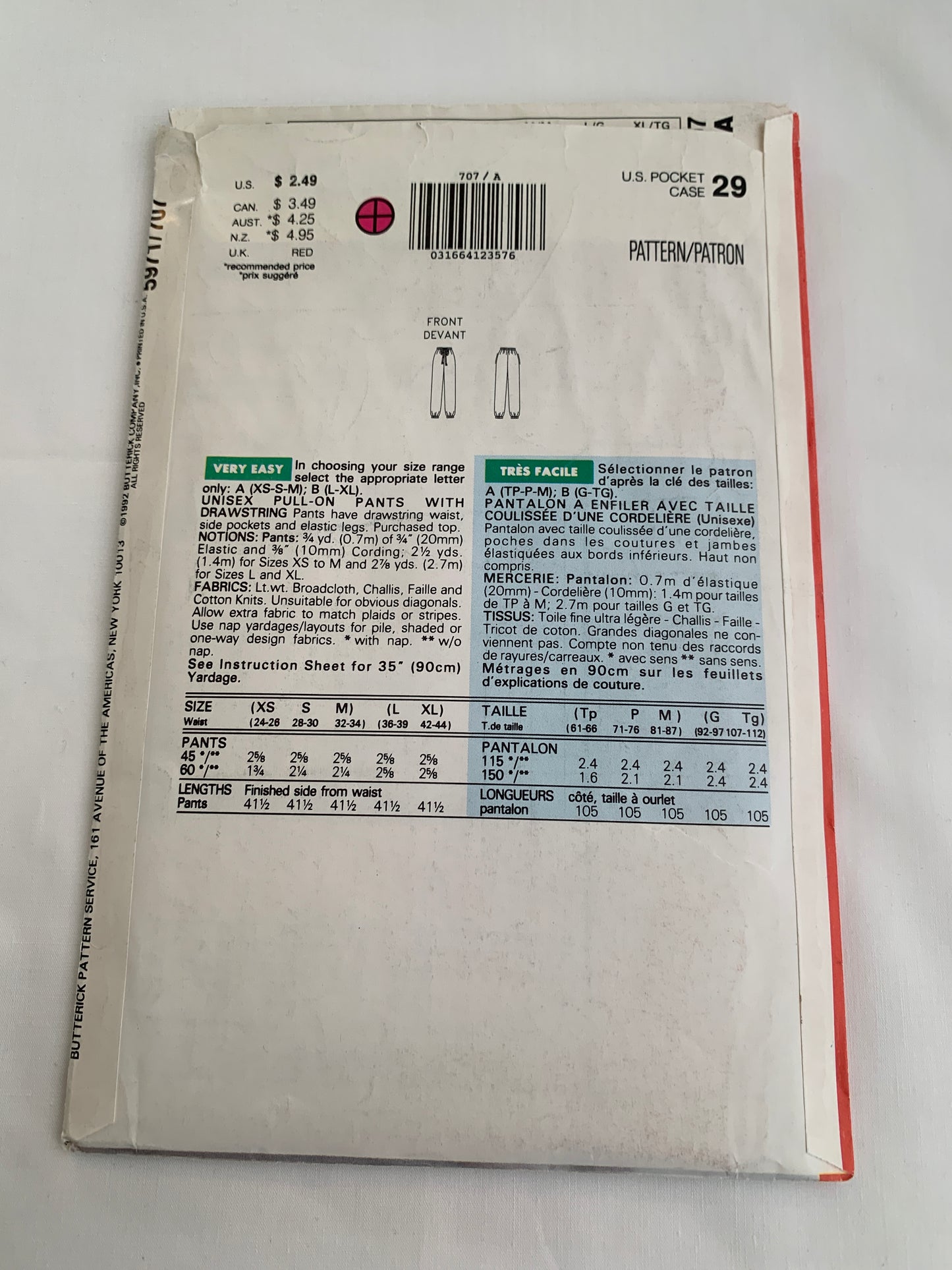 Butterick Sewing Pattern 5971 Misses'/Men's Unisex, Pull-On Pants, Drawstring, Pockets, Elastic Legs, Size 24-34 Waist, Uncut, Vintage 1992