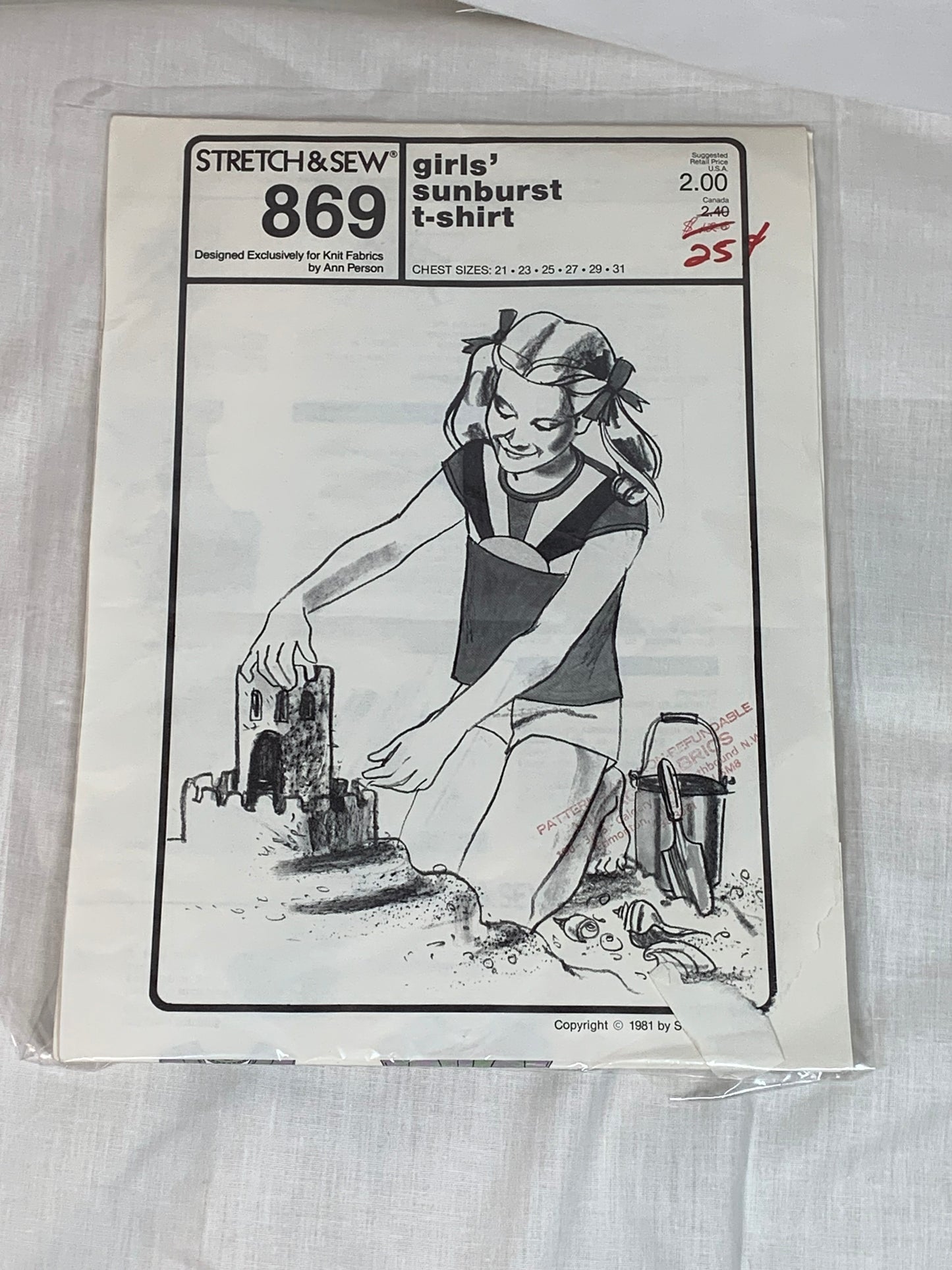 Stretch & Sew Sewing Pattern 869 Girls' T-Shirt, Sunburst, Short Sleeves, Pullover, Size Chest 21-31, Uncut, Vintage 1981