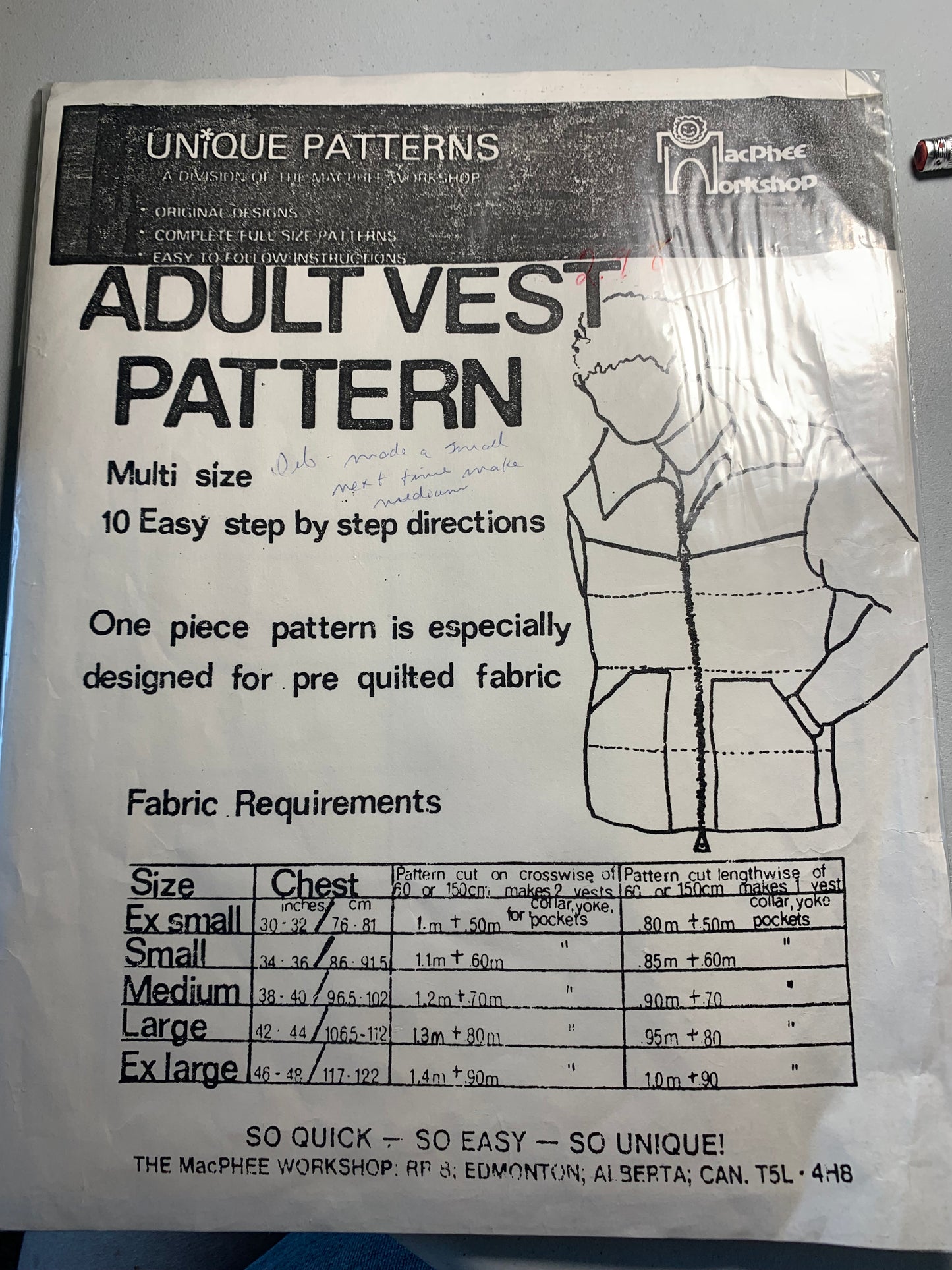 Unique Sewing Patterns Adult Vest, Multi Size, MacPhee Workshop, Pockets, Sleeveless, Zipper Front, Size 30-48, Uncut, Vintage 1994