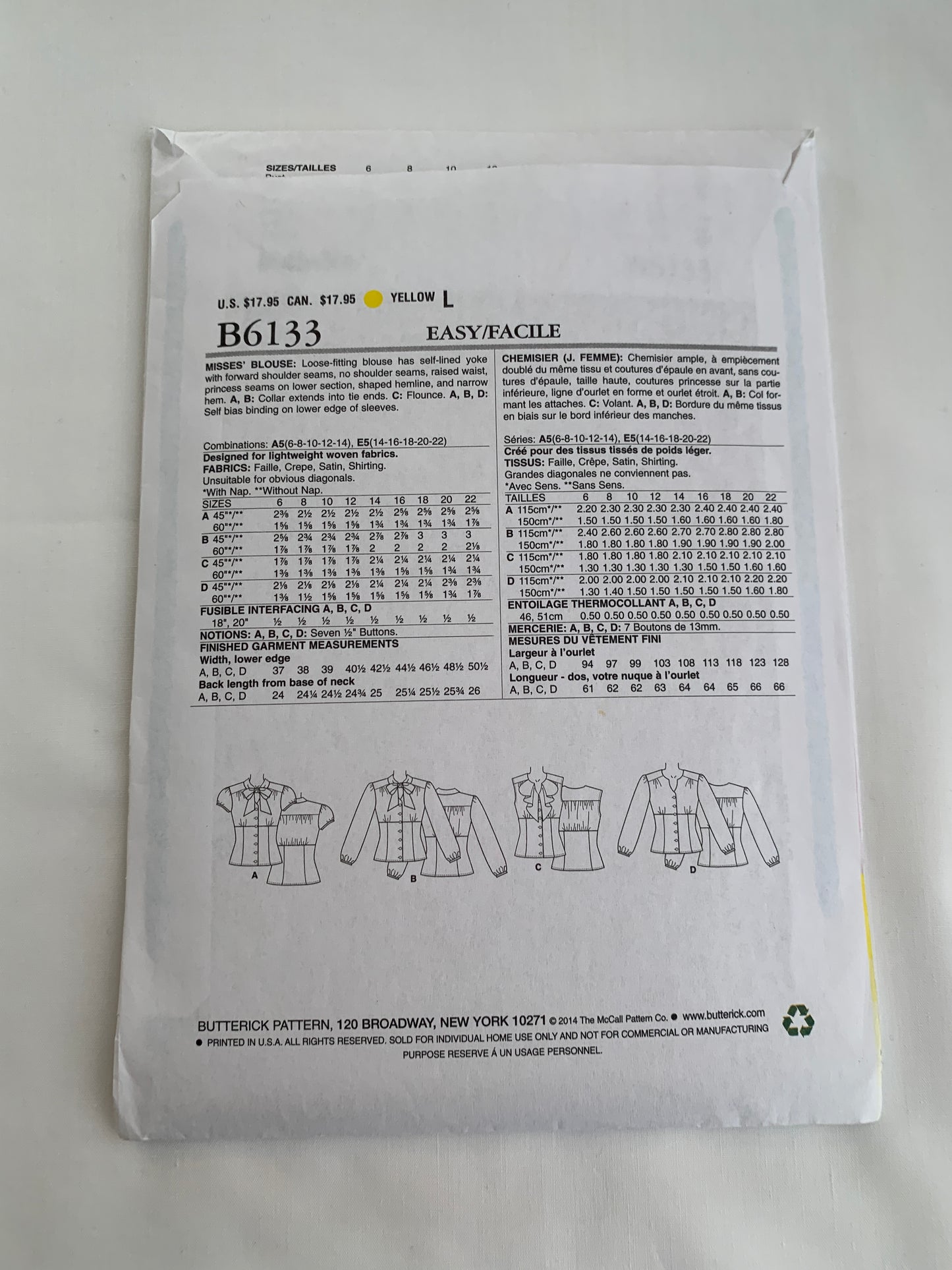 Butterick Sewing Pattern B6133 Misses' Blouses, Shirts, Button Front, 4 Variations, Long/Short Sleeves, Raised Waist, Size 6-10, Uncut, 2014