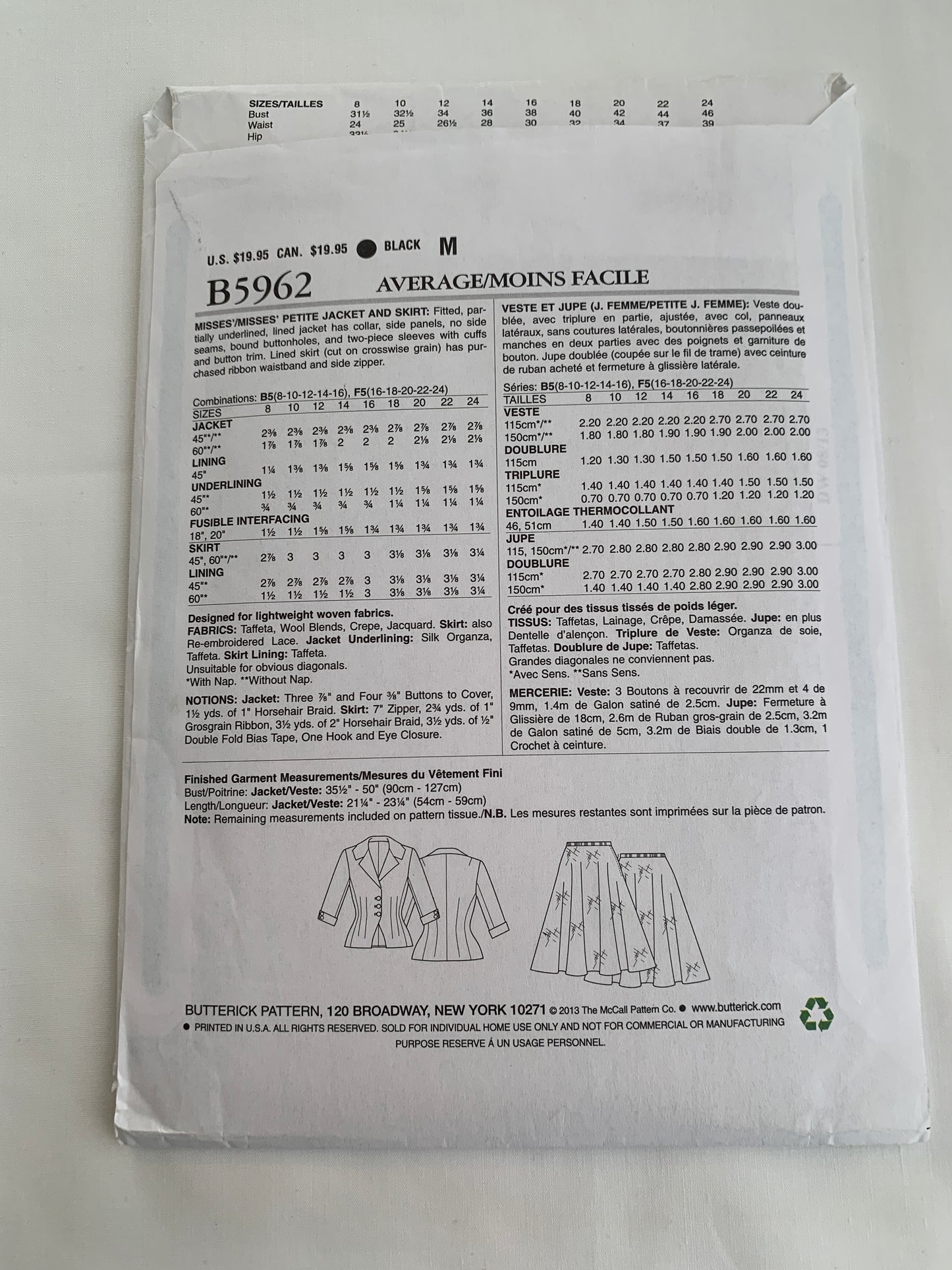 Butterick Sewing Pattern B5962 Misses'/Misses' Petite Jacket, Skirt, Fitted, Lined, Collar, Button Front, Size 8-16, Uncut, 2013