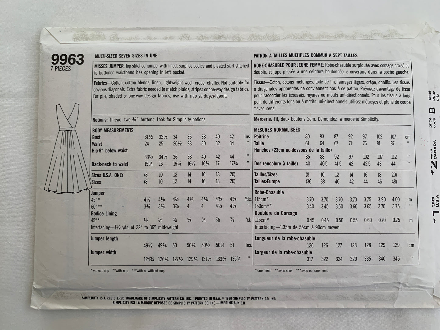Simplicity Sewing Pattern 9963 Misses' Lined Jumper, Pullover, Pleats, Pocket, Sleeveless, Size 8-20, Uncut, Vintage 1990
