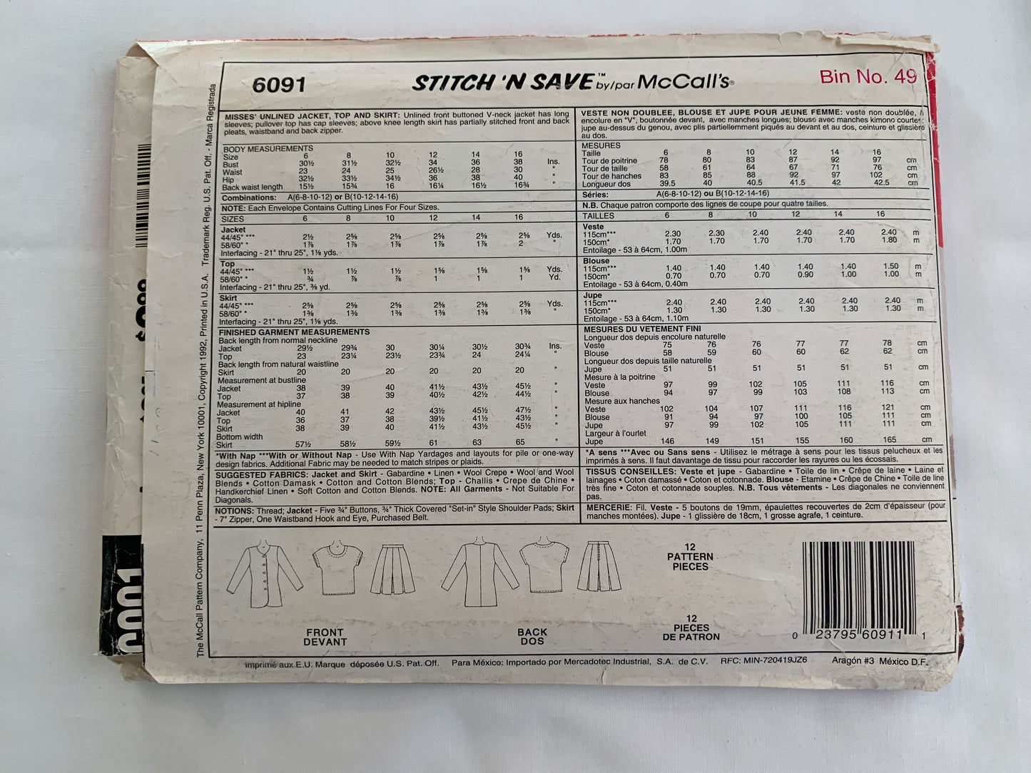 McCall's Stitch 'n Save Sewing Pattern 6091 Misses' Unlined Jacket, Skirt, Top, Shoulder Pads, Pockets, Size 6-12, Uncut, Vintage 1992