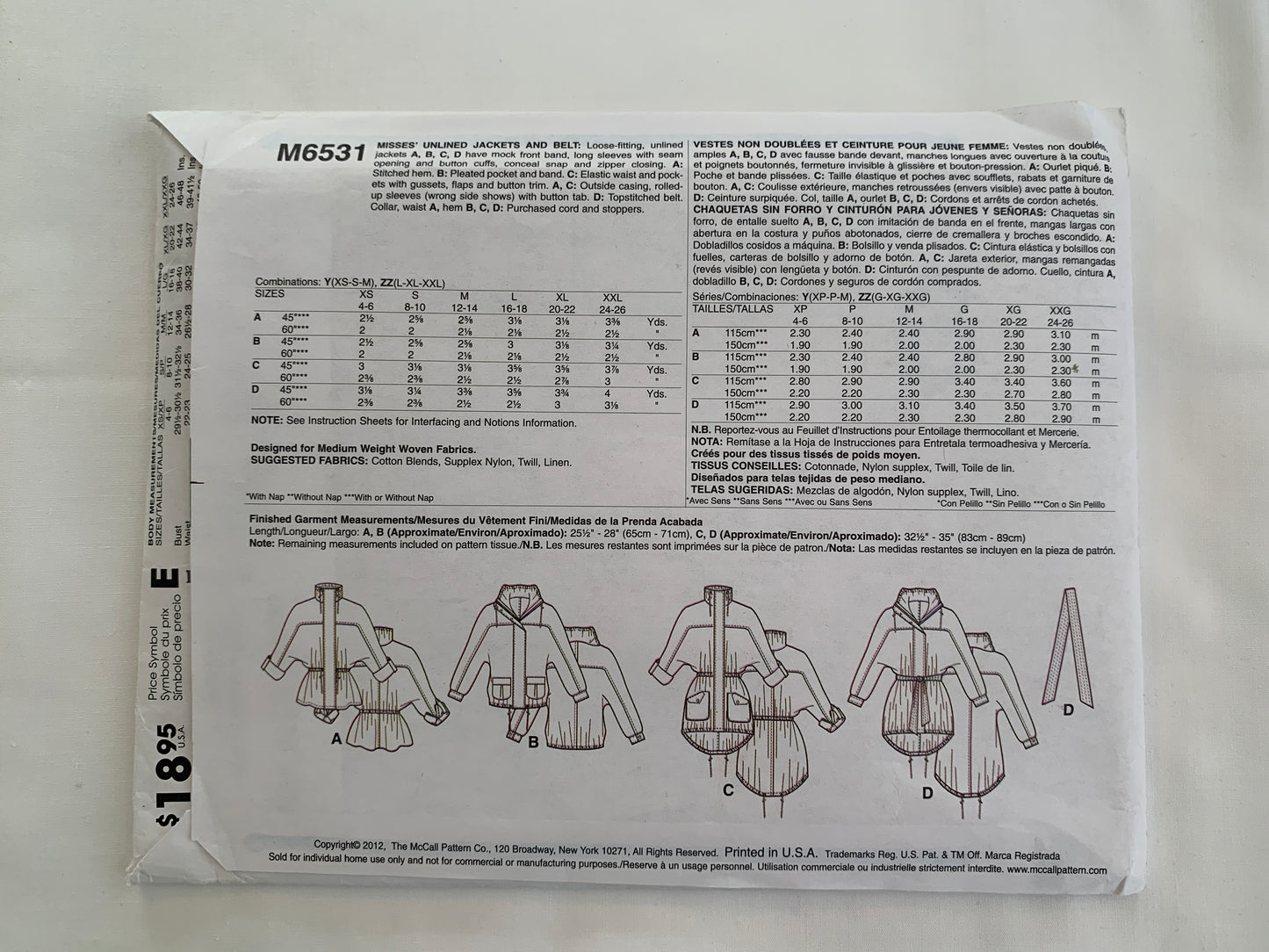 McCall's Sewing Pattern M6531 Misses' Unlined Jackets, Belt, Pockets, Long Sleeves, Loose-Fitting, Elastic Waist, Size 4-14, Uncut, 2012