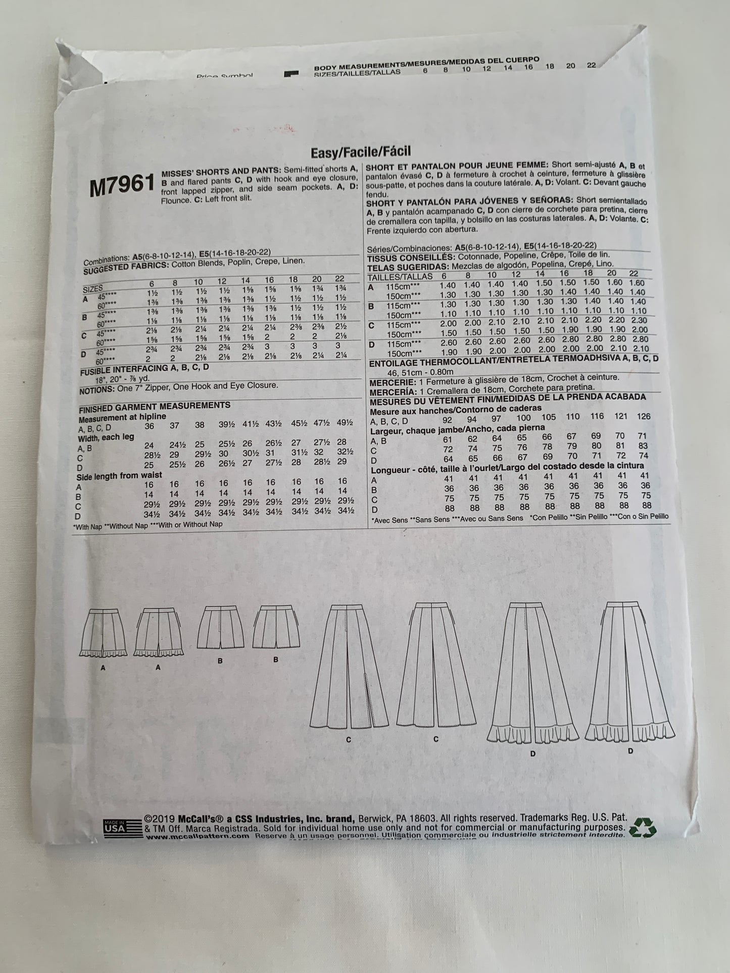 McCall's Sewing Pattern M7961 Misses' Pants, Shorts, Pockets, Semi-Fitted, Zipper Front, Flounce, Size 14-22, Uncut, 2019