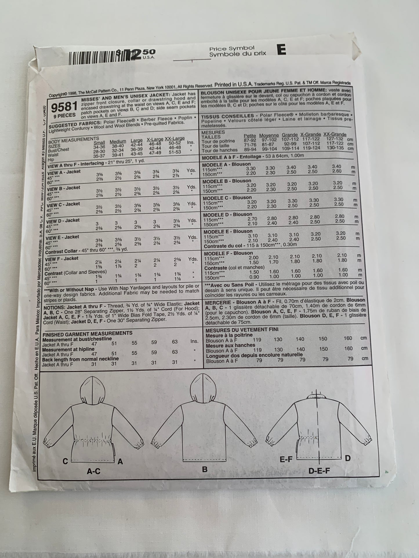 McCall's Sewing Pattern 9581 Misses'/Men's Unisex Jacket, Zipper Front, Pockets, Elastic Waist, Hood, Size 34-36, Uncut, Vintage 1998