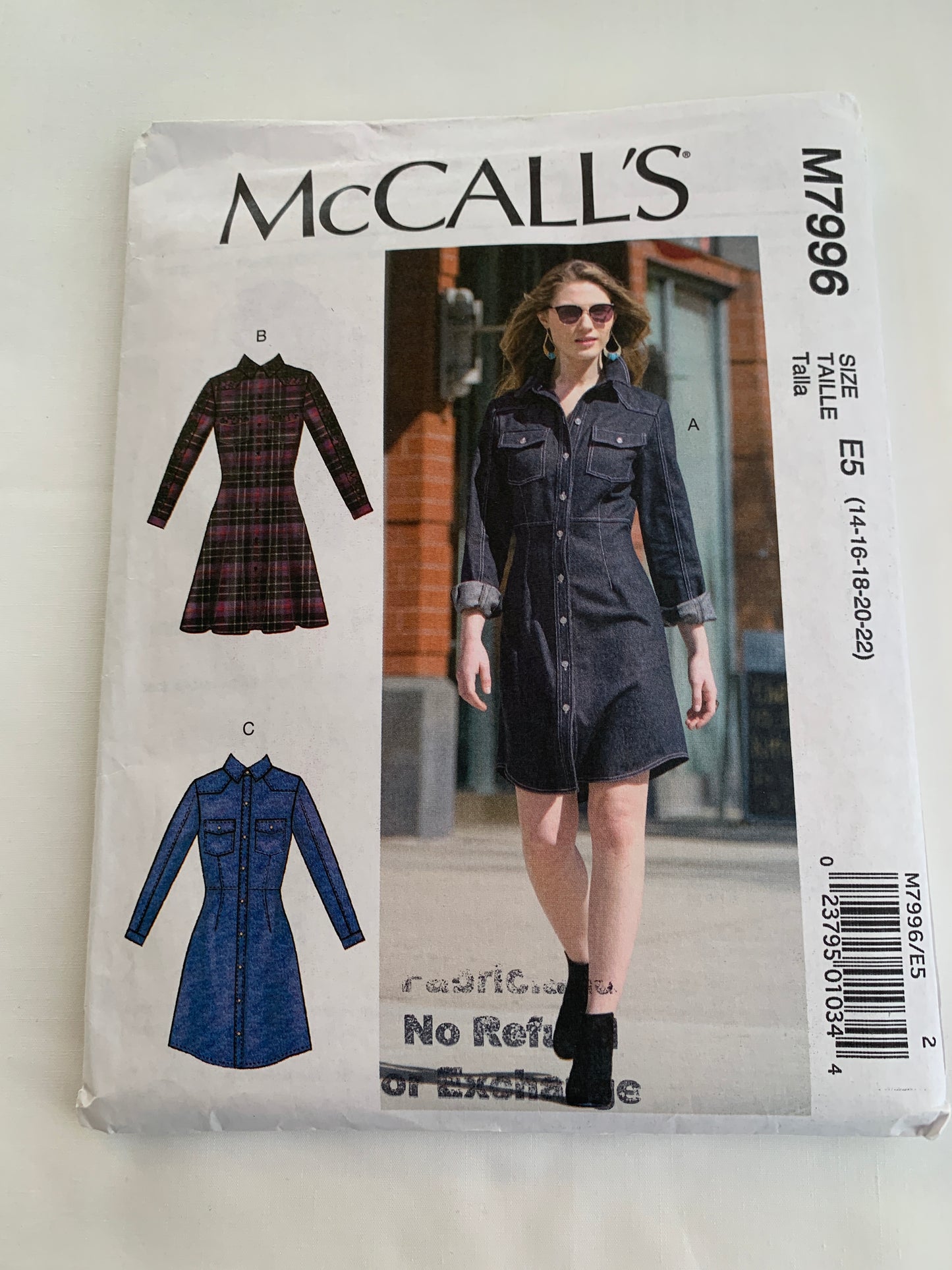 McCall's Sewing Pattern M7996 Misses' Dresses, Fitted, Button Front, Pockets, Long Sleeves, 3 Variations, Collar, Size 14-22, Uncut, 2019