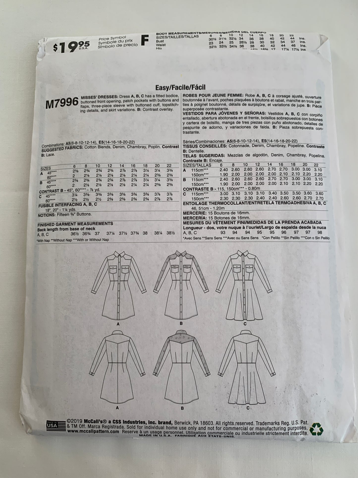 McCall's Sewing Pattern M7996 Misses' Dresses, Fitted, Button Front, Pockets, Long Sleeves, 3 Variations, Collar, Size 14-22, Uncut, 2019