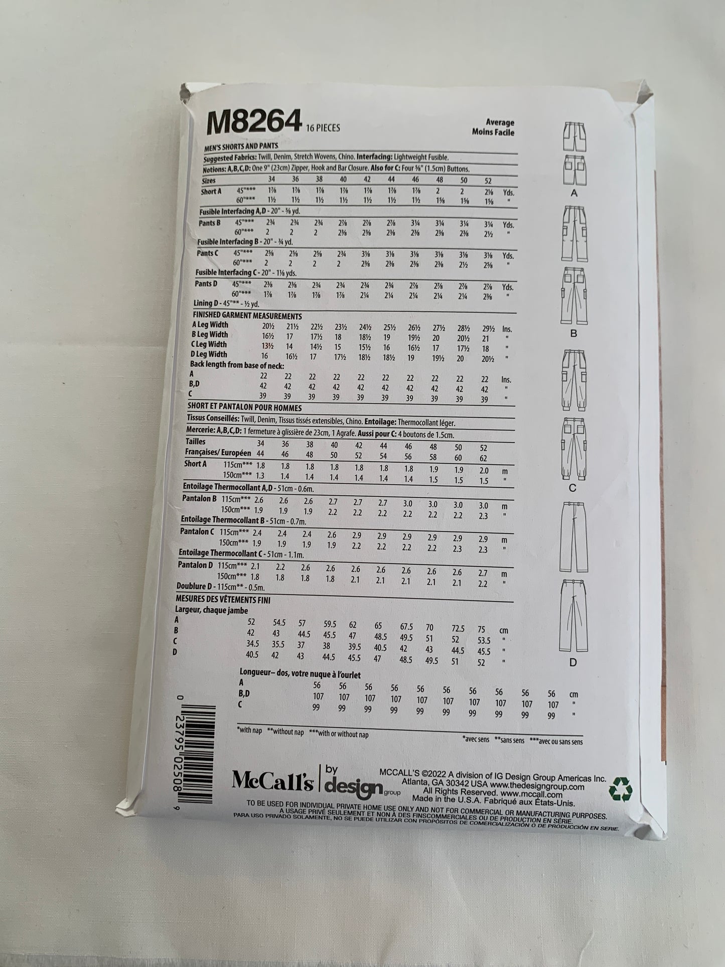 McCall's Sewing Pattern M8264 Men's Pants, Shorts, Pockets, Fly Zipper, Two Lengths, Size 34-52, Uncut, 2022