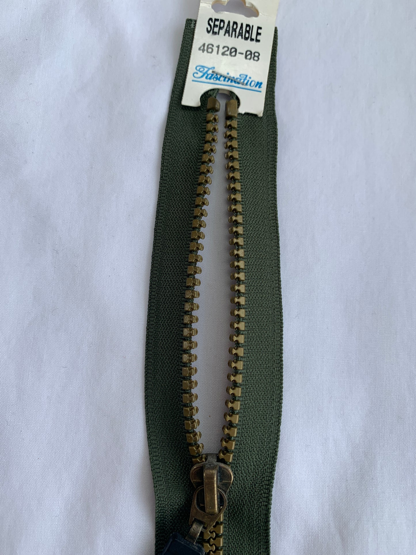 Molded Plastic Zipper, Separating, 12 Inch, Olive Green Color, New