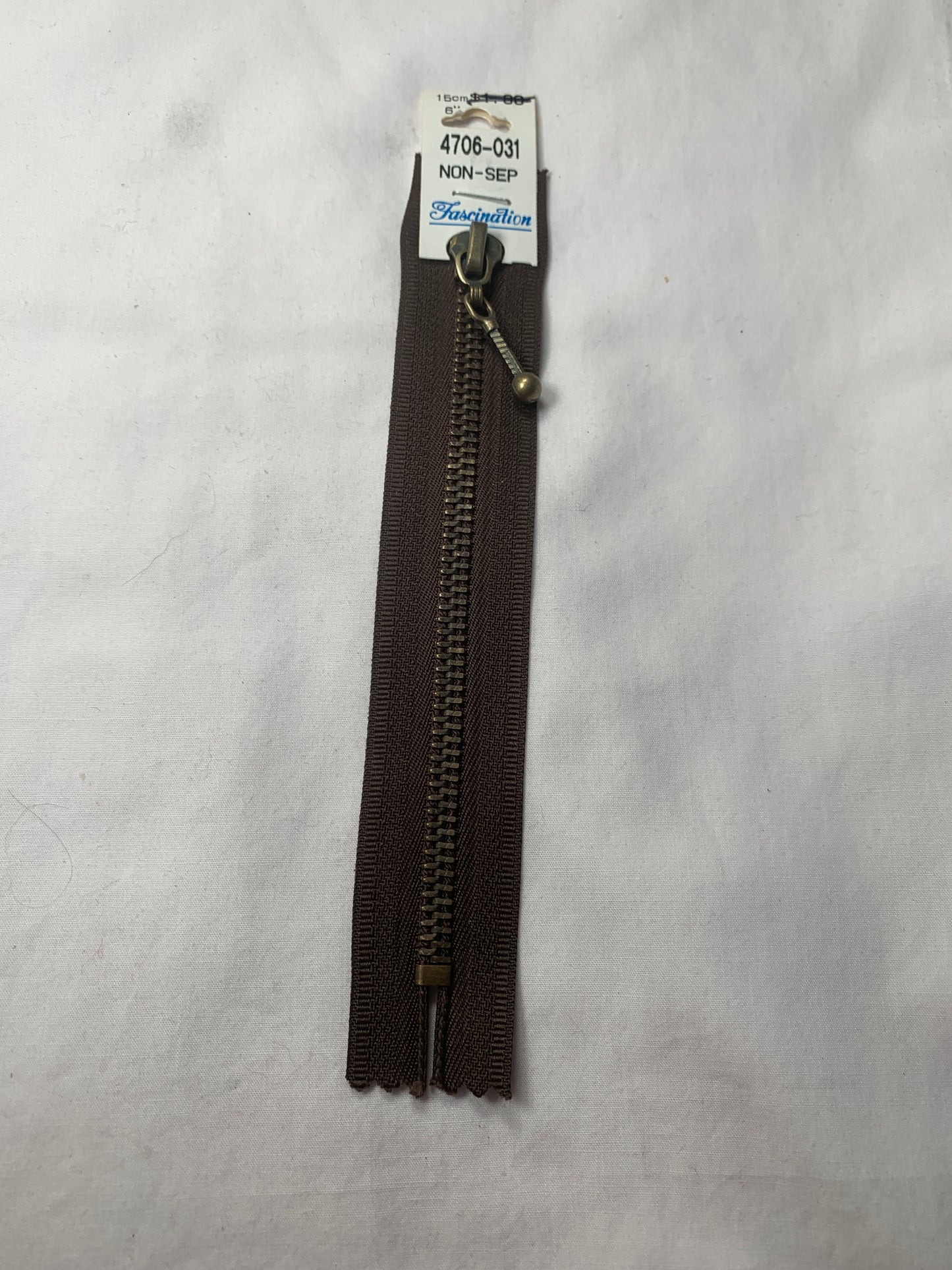 Metal Zipper, Non-Separating, 6 Inch, Brown Color, New