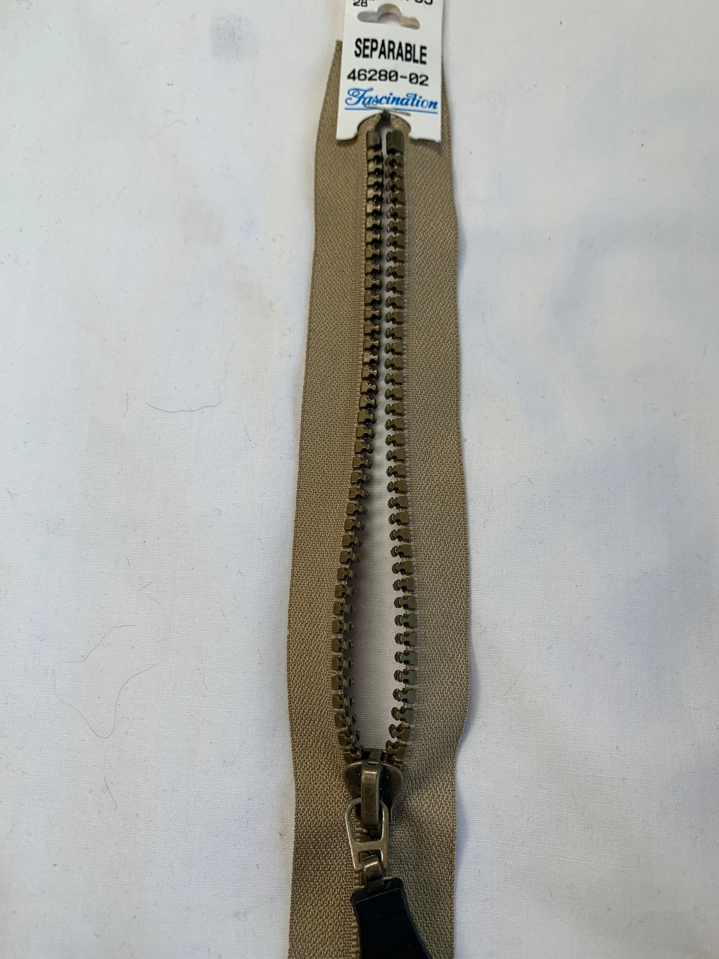 Molded Plastic Zipper, Separating, 28 Inch, Light Brown Color, New
