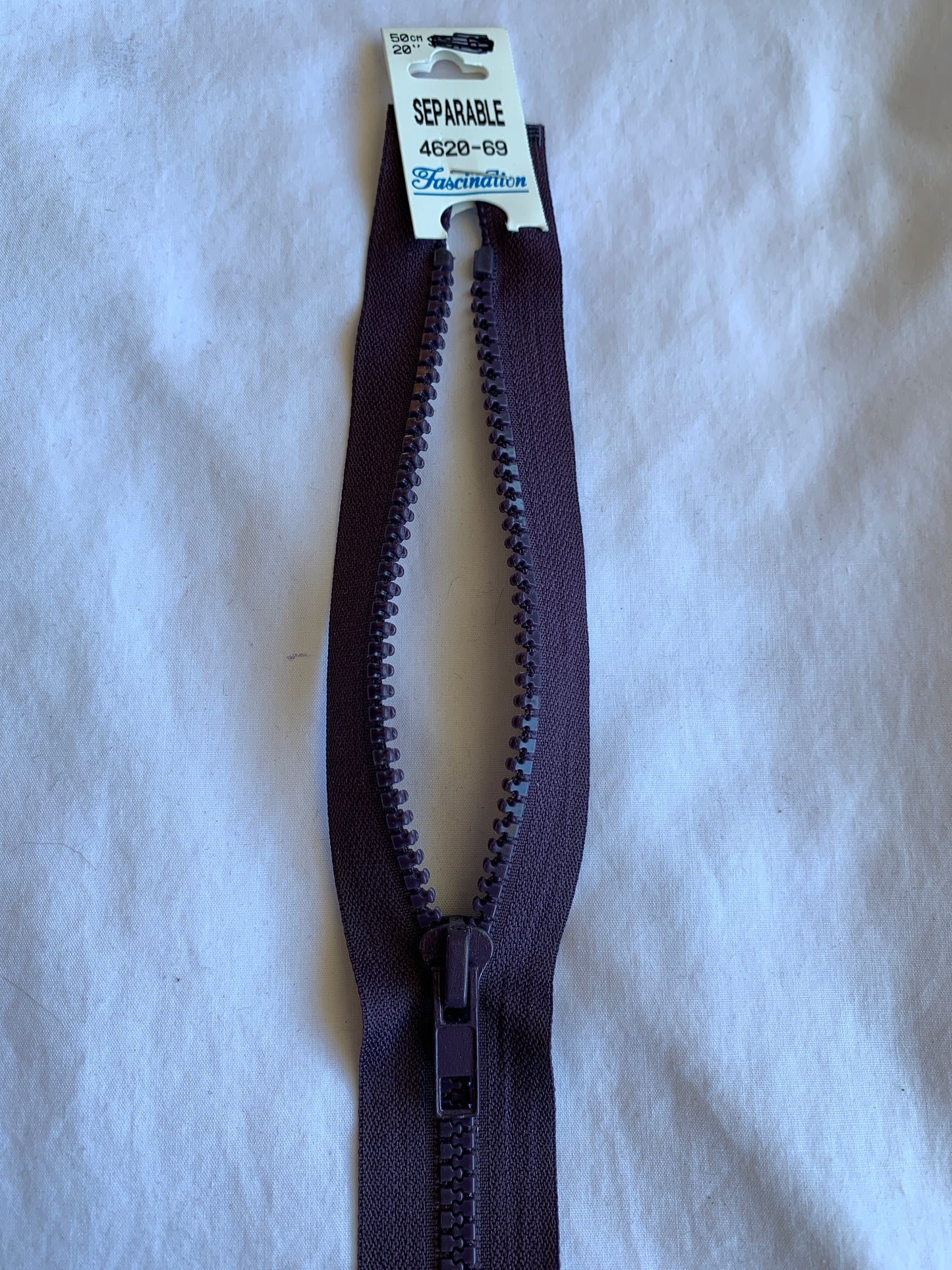 Molded Plastic Zipper, Separating, 20 Inch, Dark Violet Color, New