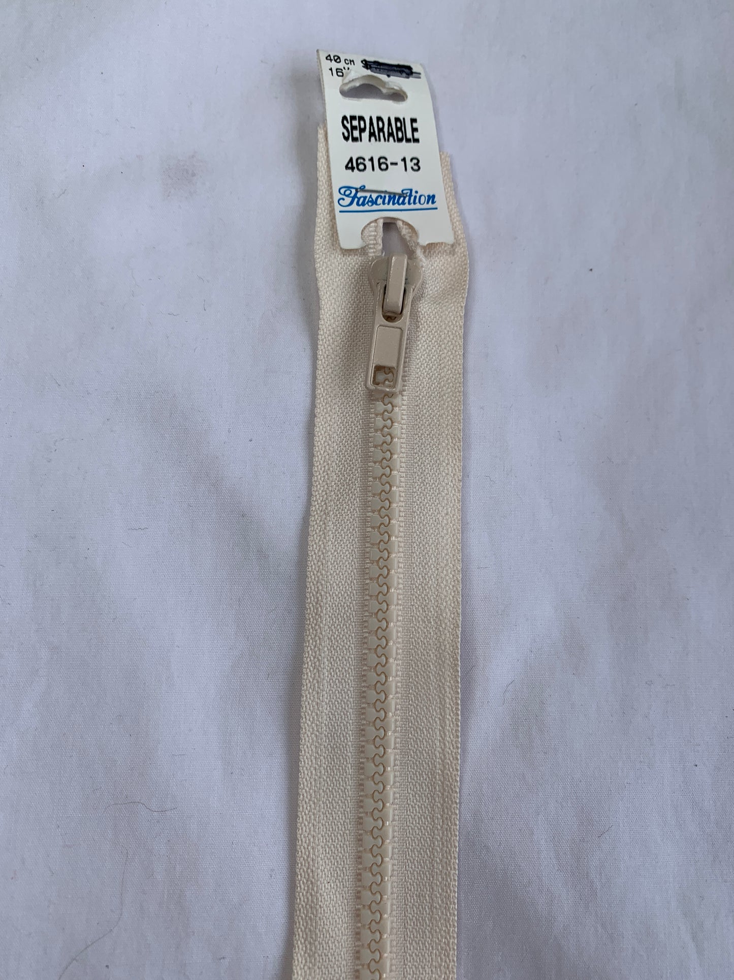 Molded Plastic Zipper, Separating, 16 Inch, Cream Color, New