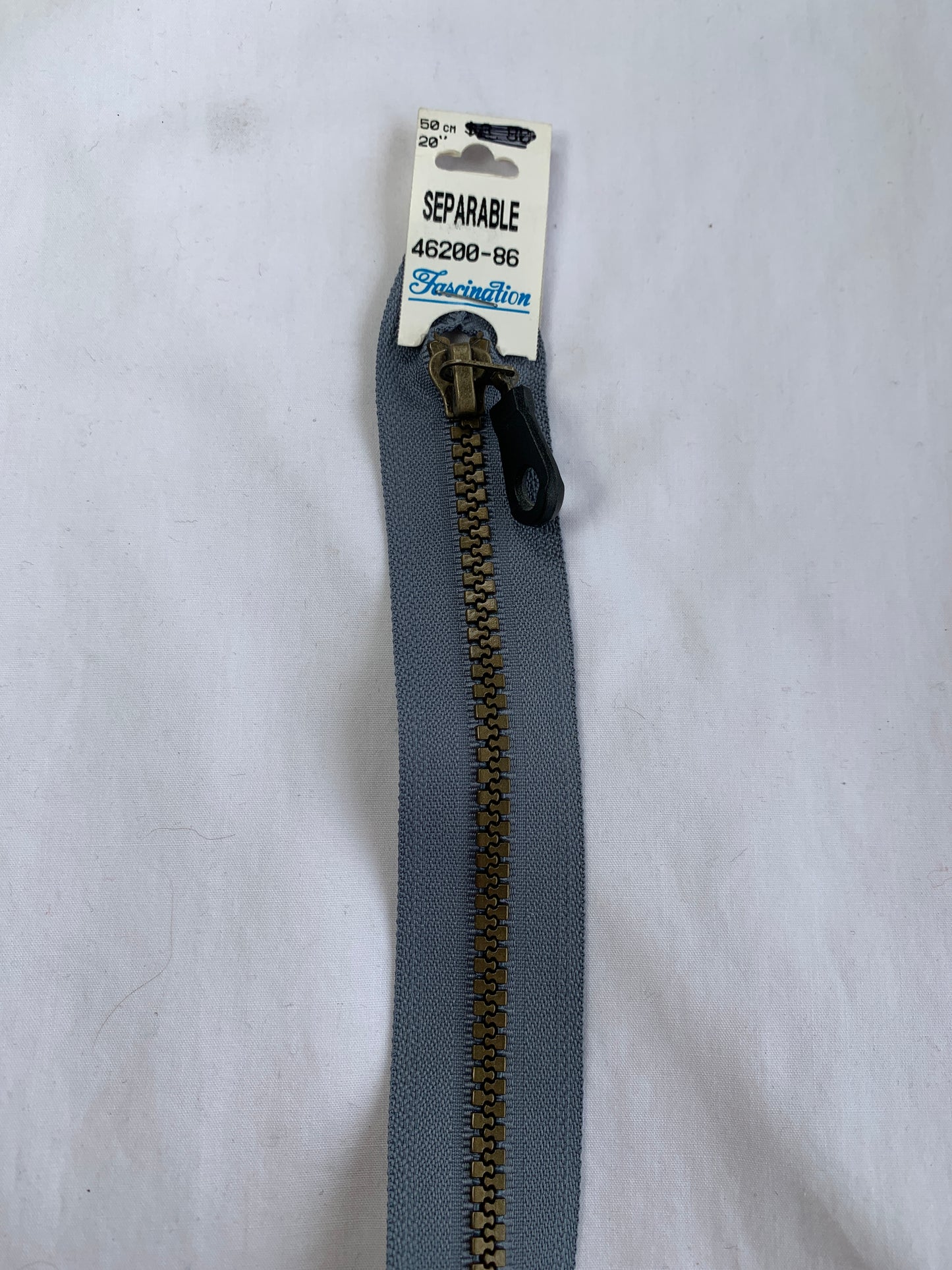 Molded Plastic Zipper, Separating, 20 Inch, Blueish Grey Color, New