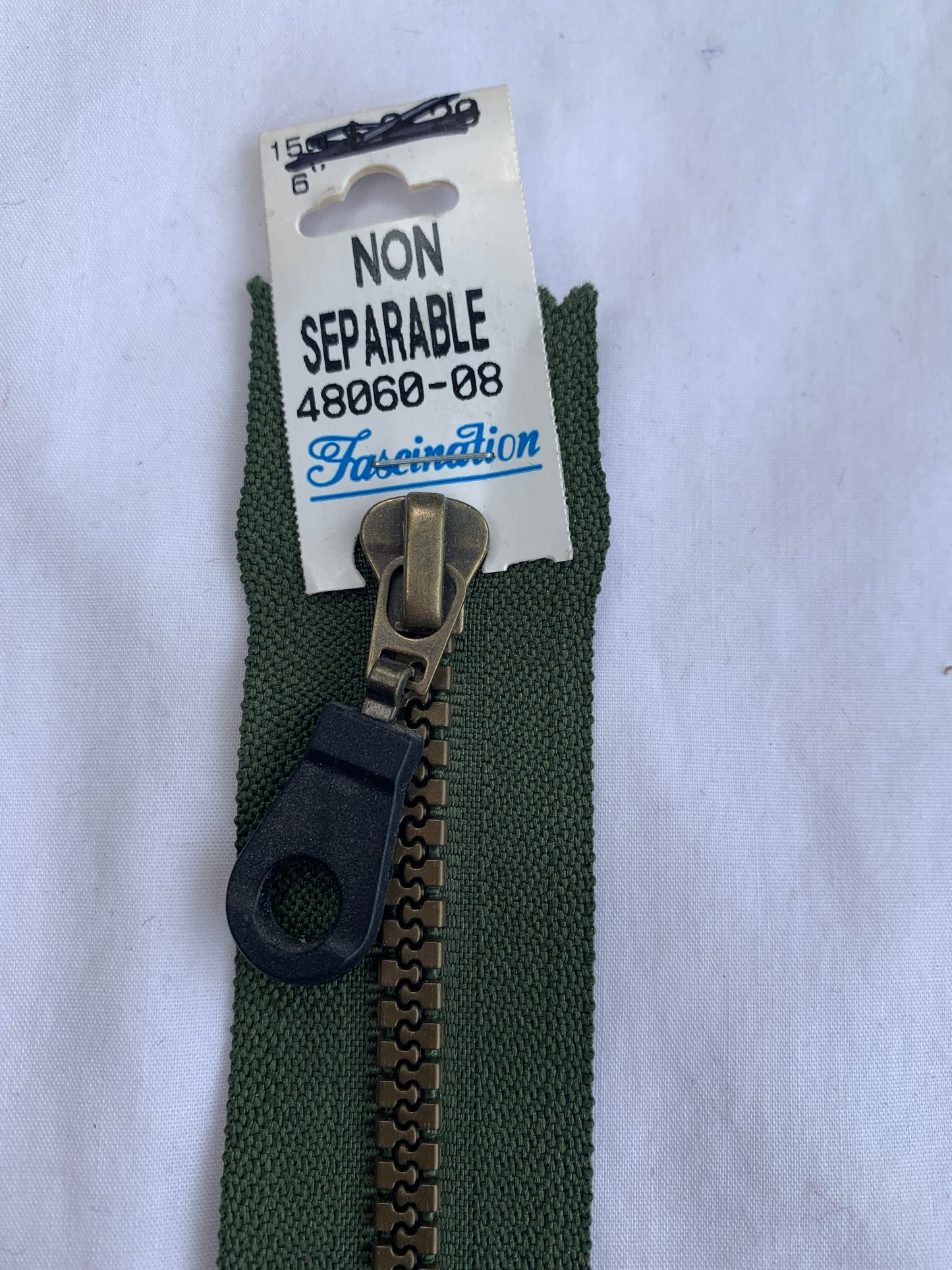 6 Inch Non-Separating Zipper, Olive Green, Molded Plastic, New