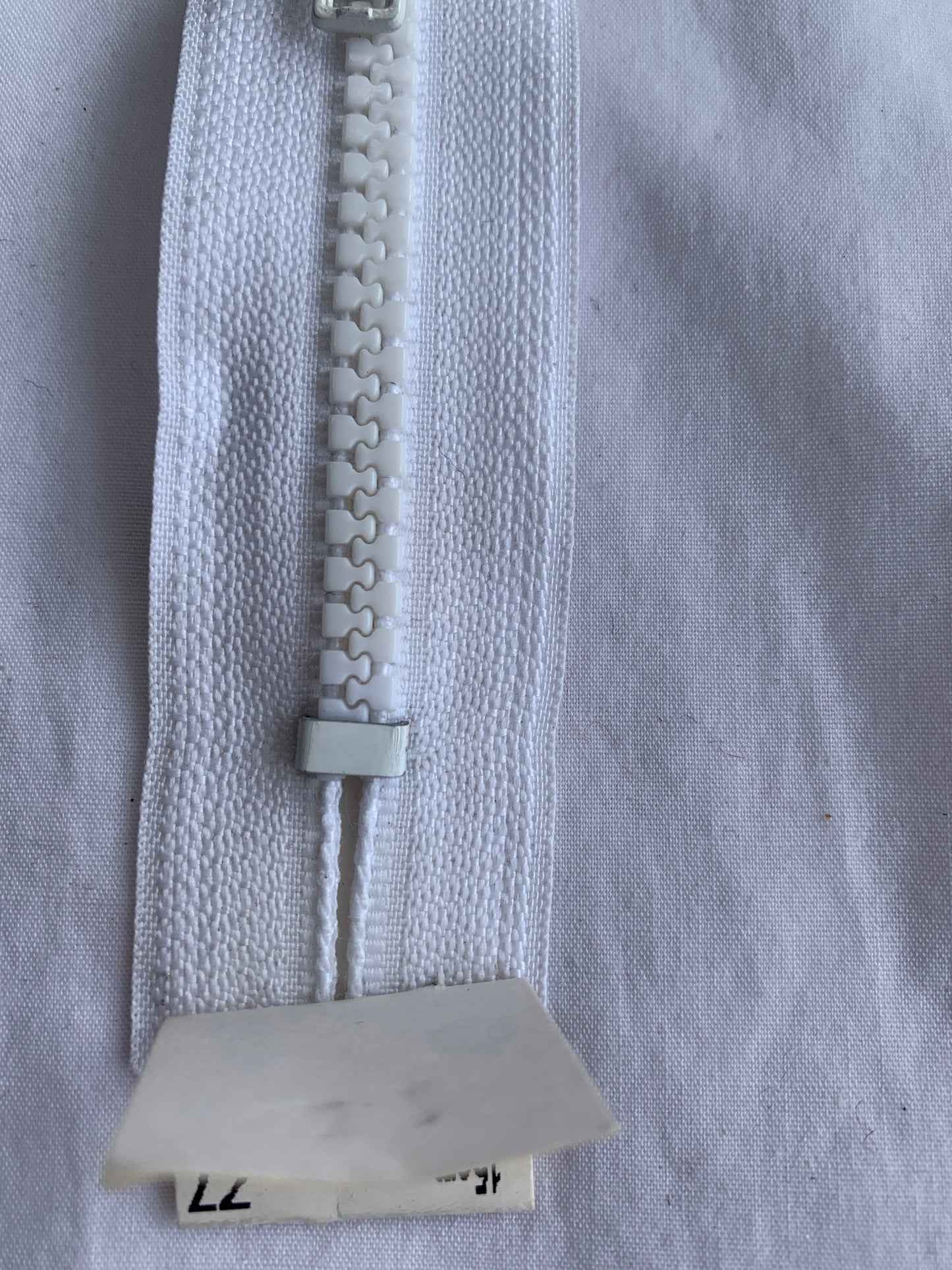 6 Inch Non-Separating Zipper, White, Molded Plastic, New