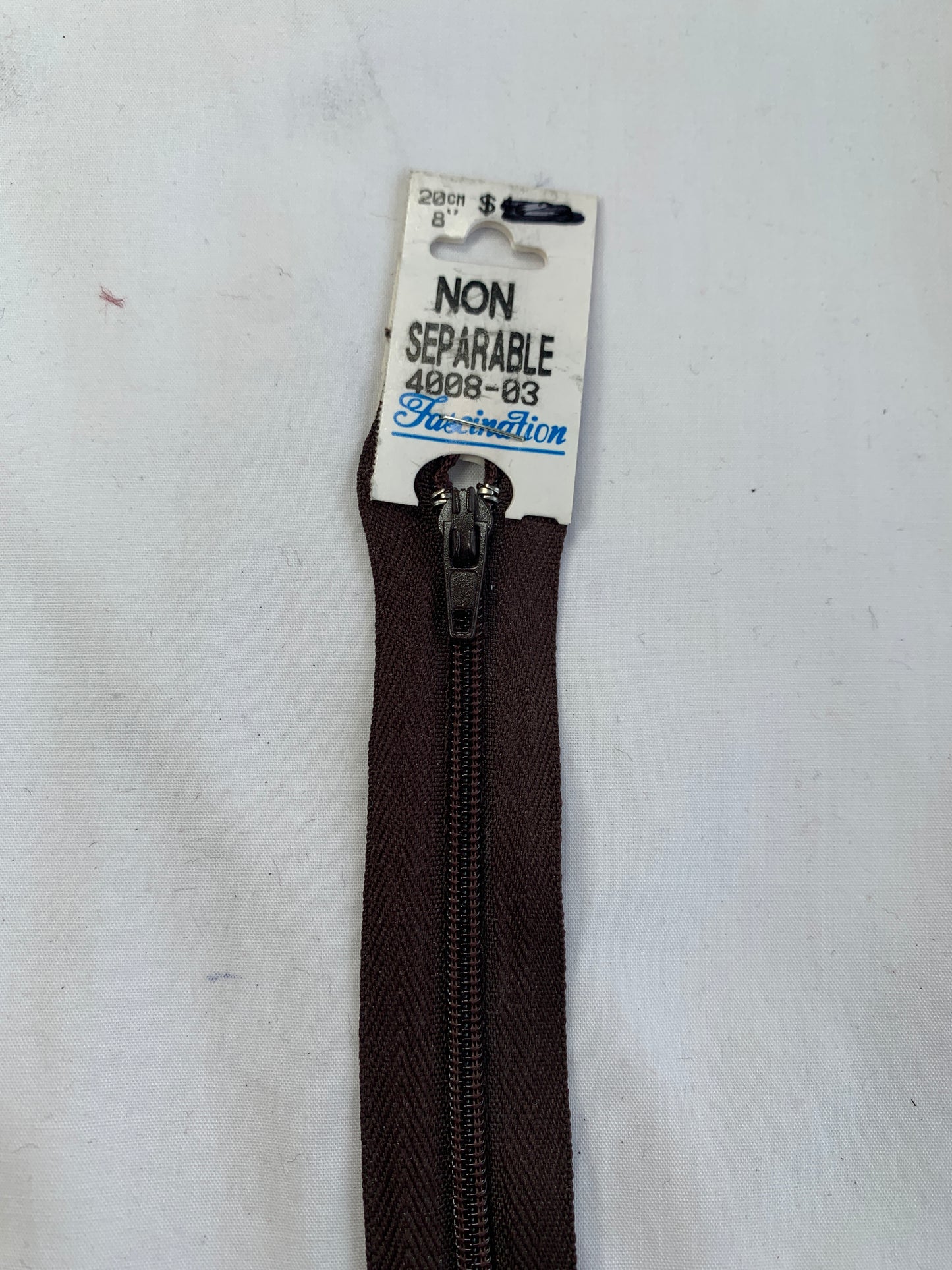 8 Inch Non-Separating Zipper, Medium Brown, Molded Plastic, New